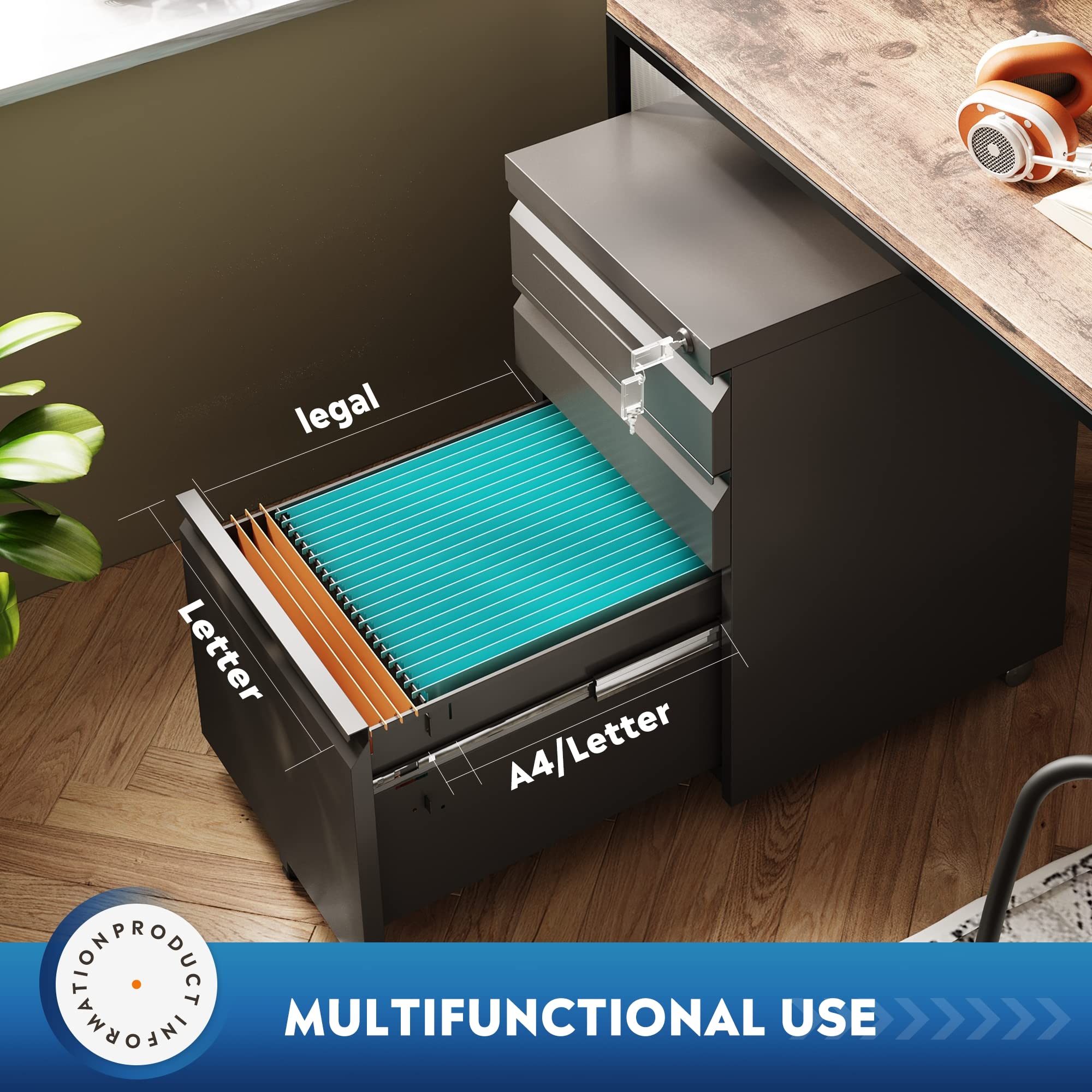 3 Drawer Mobile File Cabinet with Lock