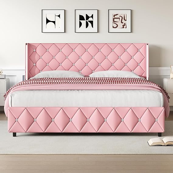 Full Size Diamond Tufted Bed Frame Purple