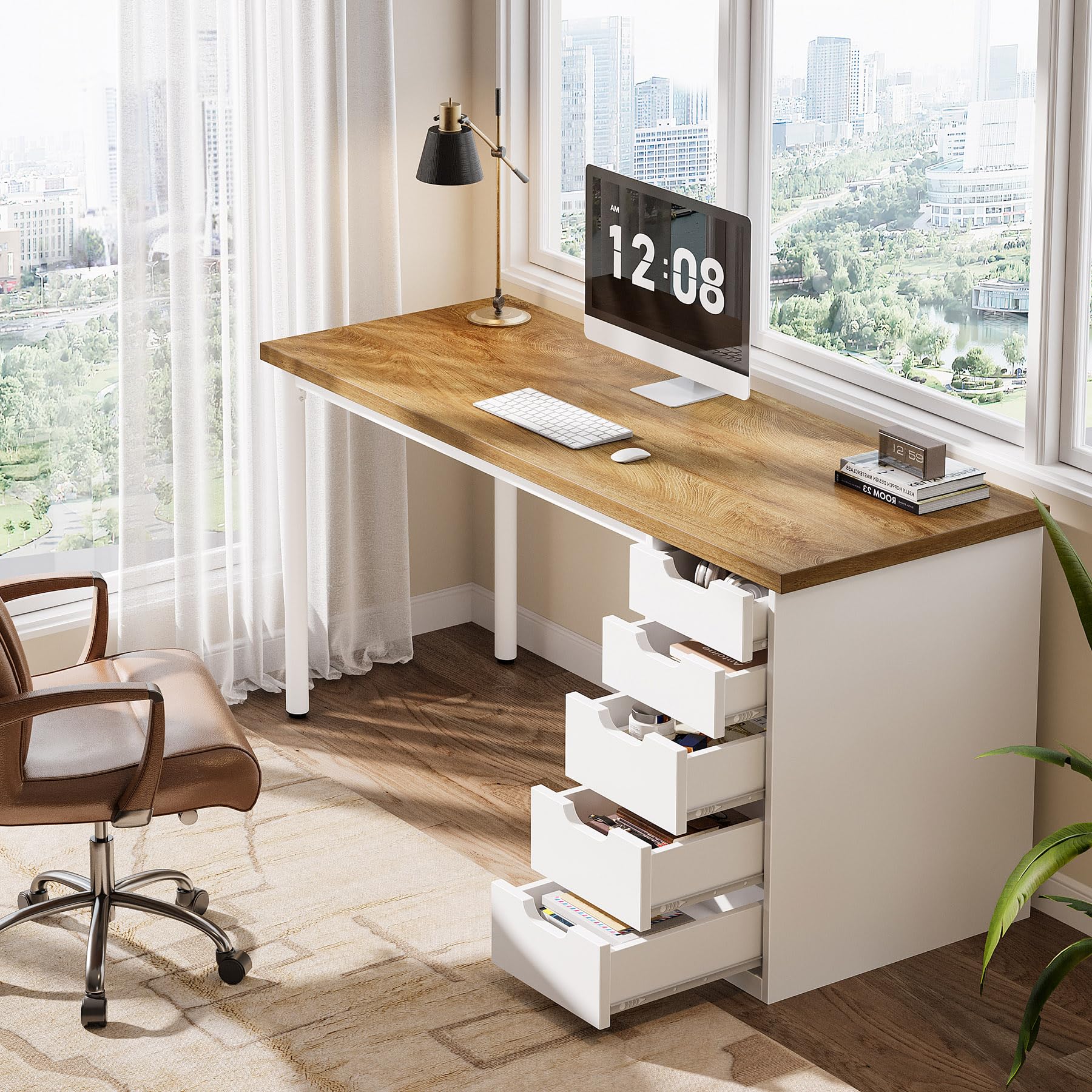 Computer Desk with 5 Reversible Drawers