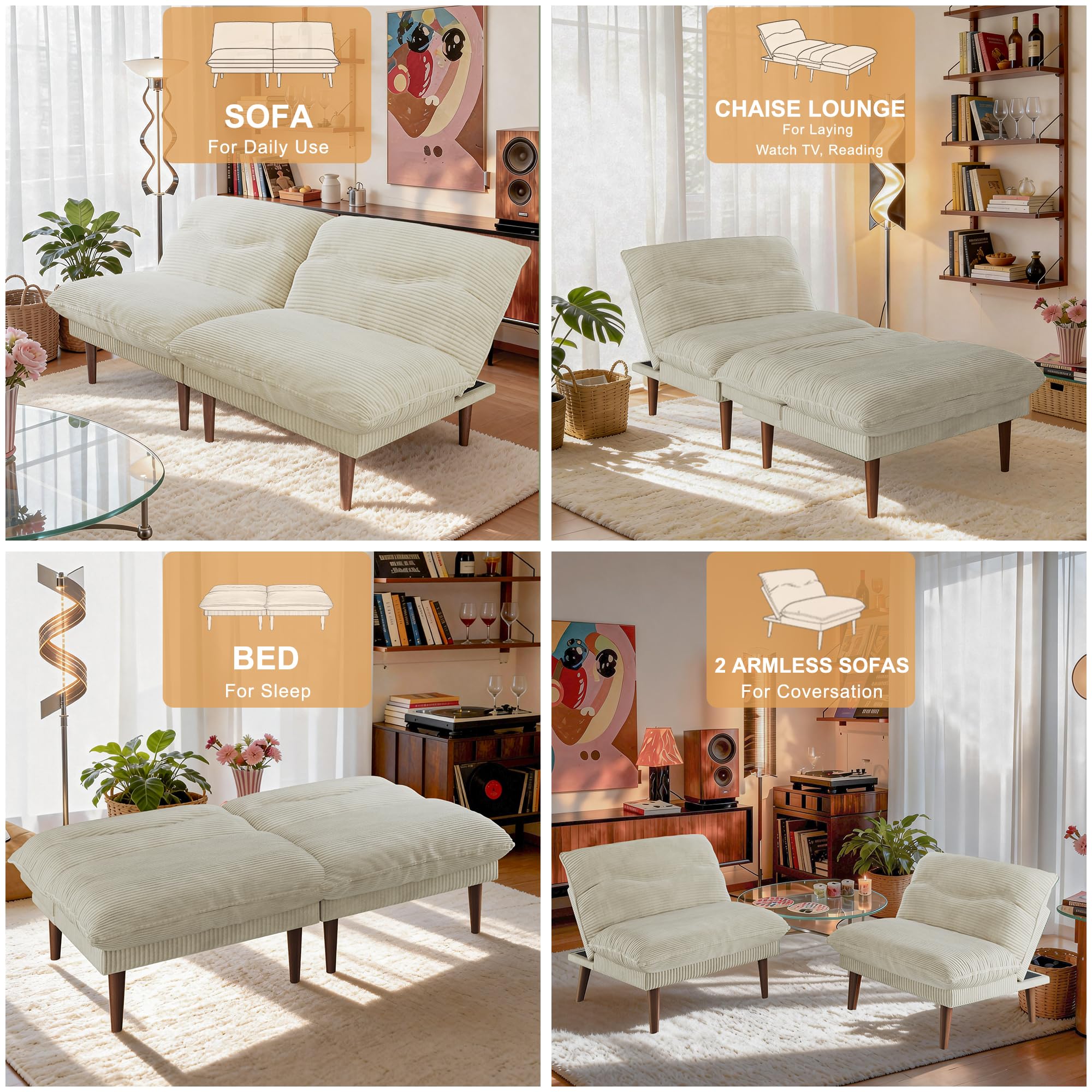 75-Inch Convertible Futon Sofa Bed with Adjustable Backrest