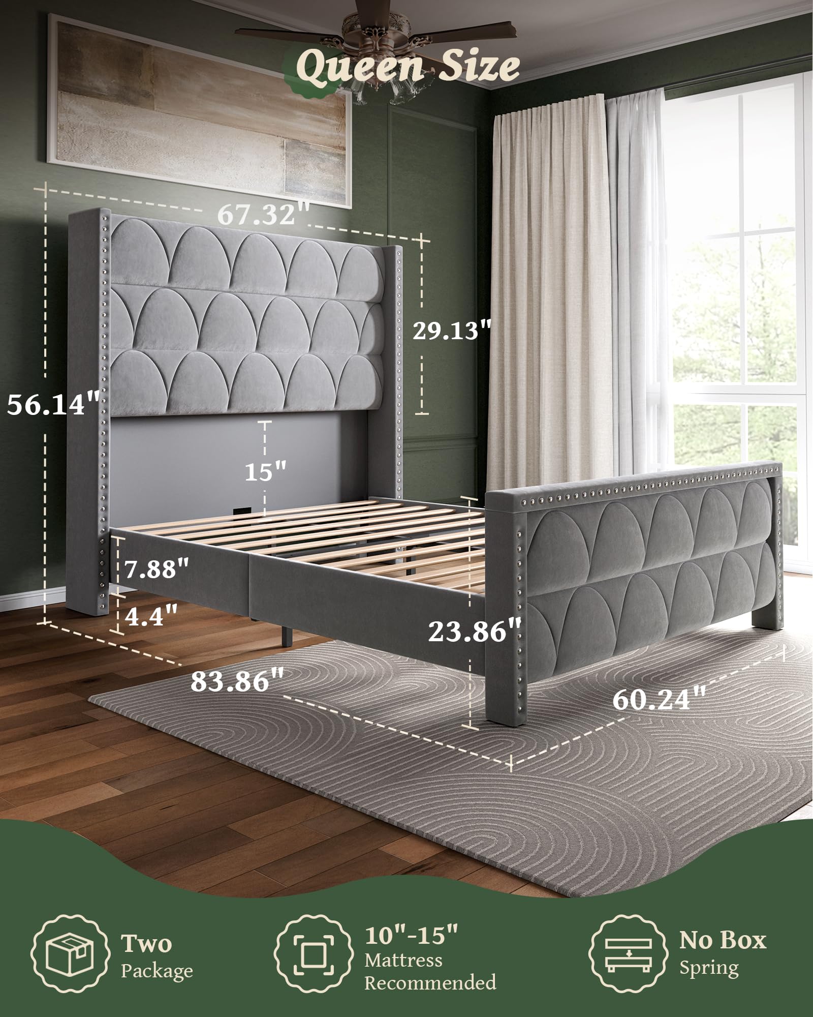 Queen Size Velvet Upholstered Platform Bed Frame