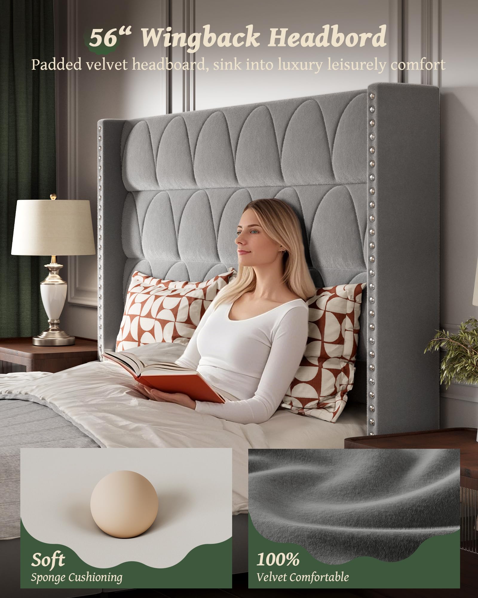 King Size Velvet Upholstered Wingback Platform Bed Frame with 56" Headboard