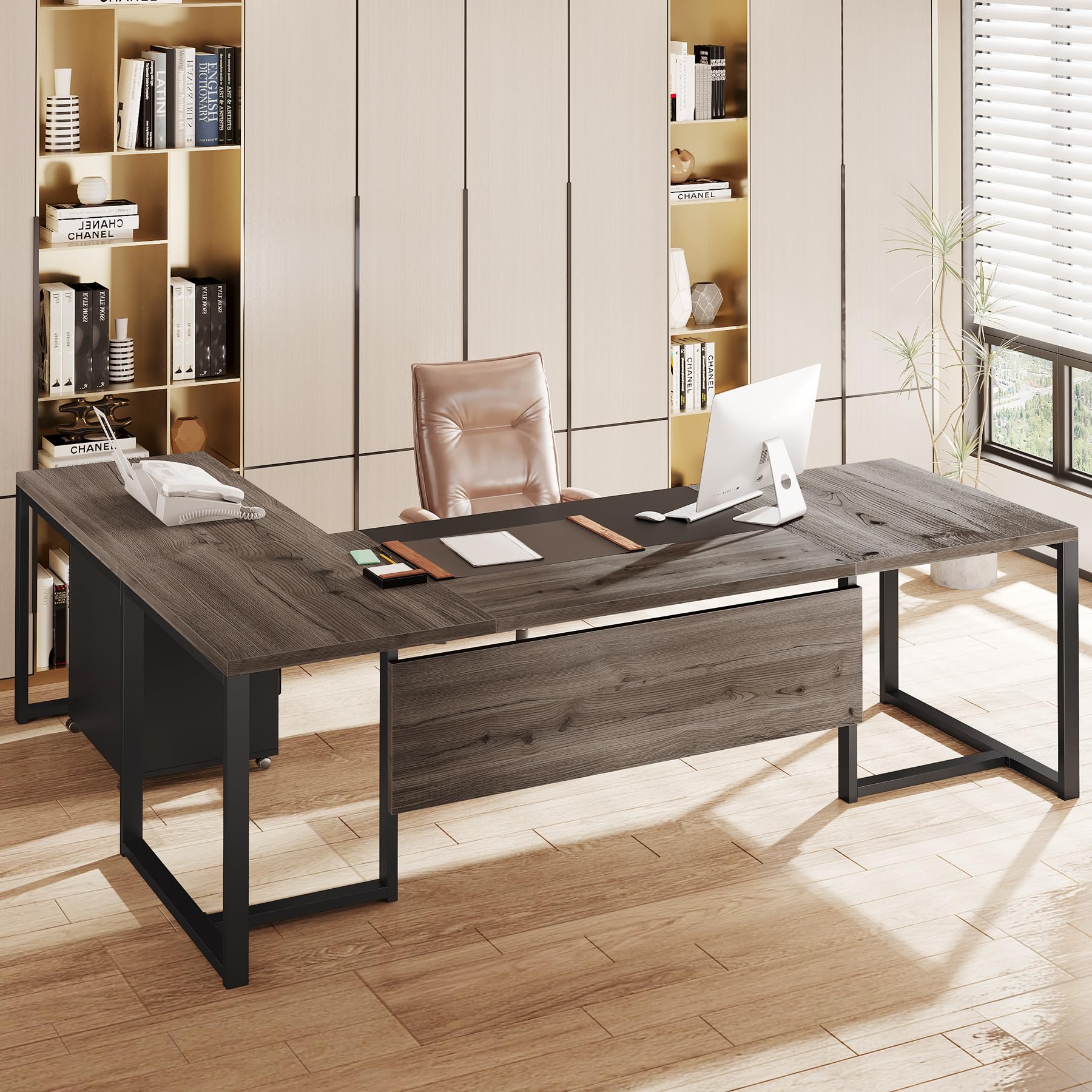 70.8" L-Shaped Executive Desk with Drawer Cabinet