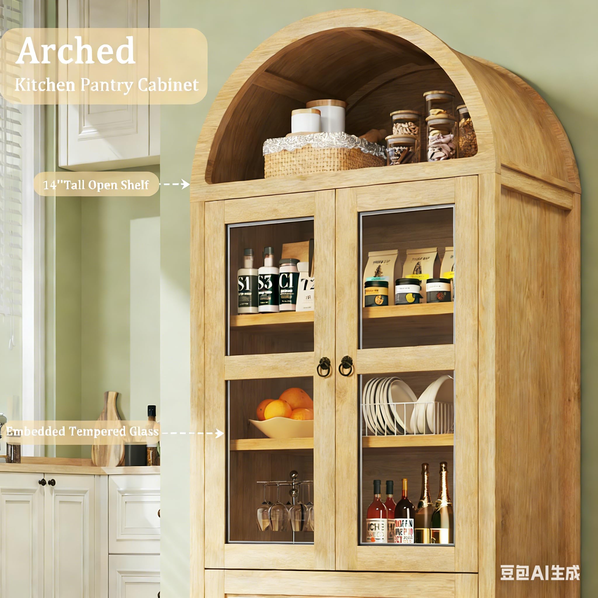 Arched Pantry Cabinet with Glass Doors