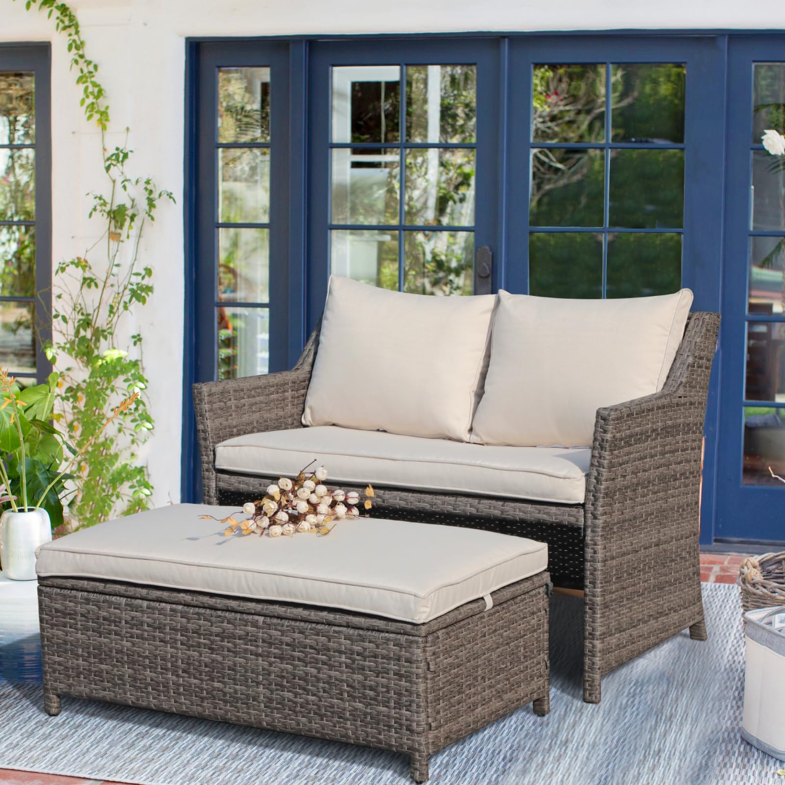 2-Piece Outdoor Patio Wicker Loveseat and Coffee Table Set with Storage