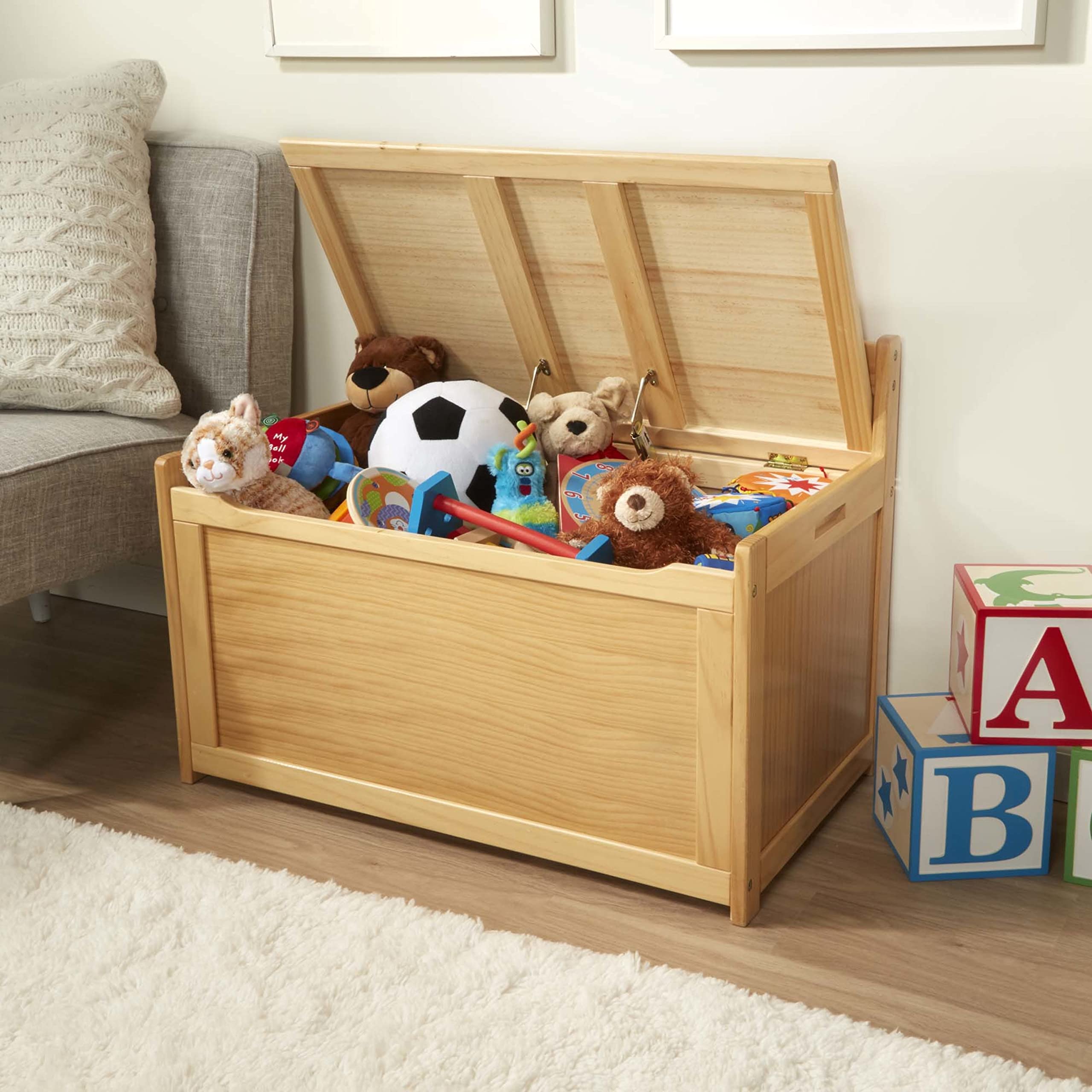 Wooden Toy Chest with Safety-Hinged Lid