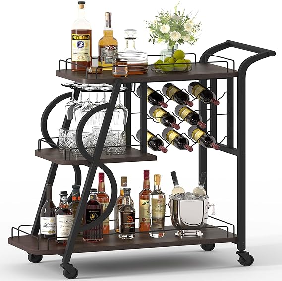 3-Tier Gold Bar Cart with Wine Glass Holder