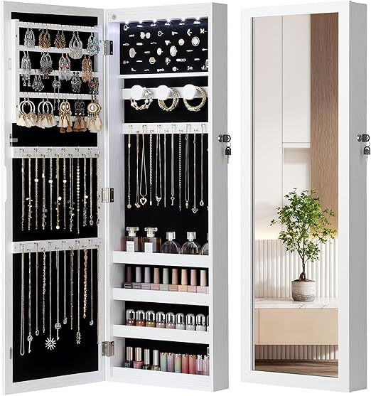 6 LED Mirror Jewelry Cabinet with Lock