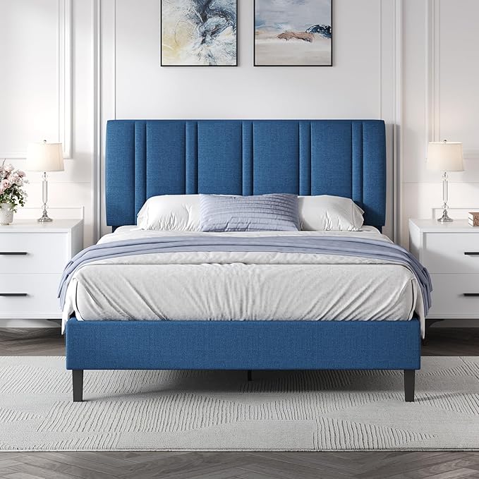 Twin Bed Frame with Upholstered Linen Headboard