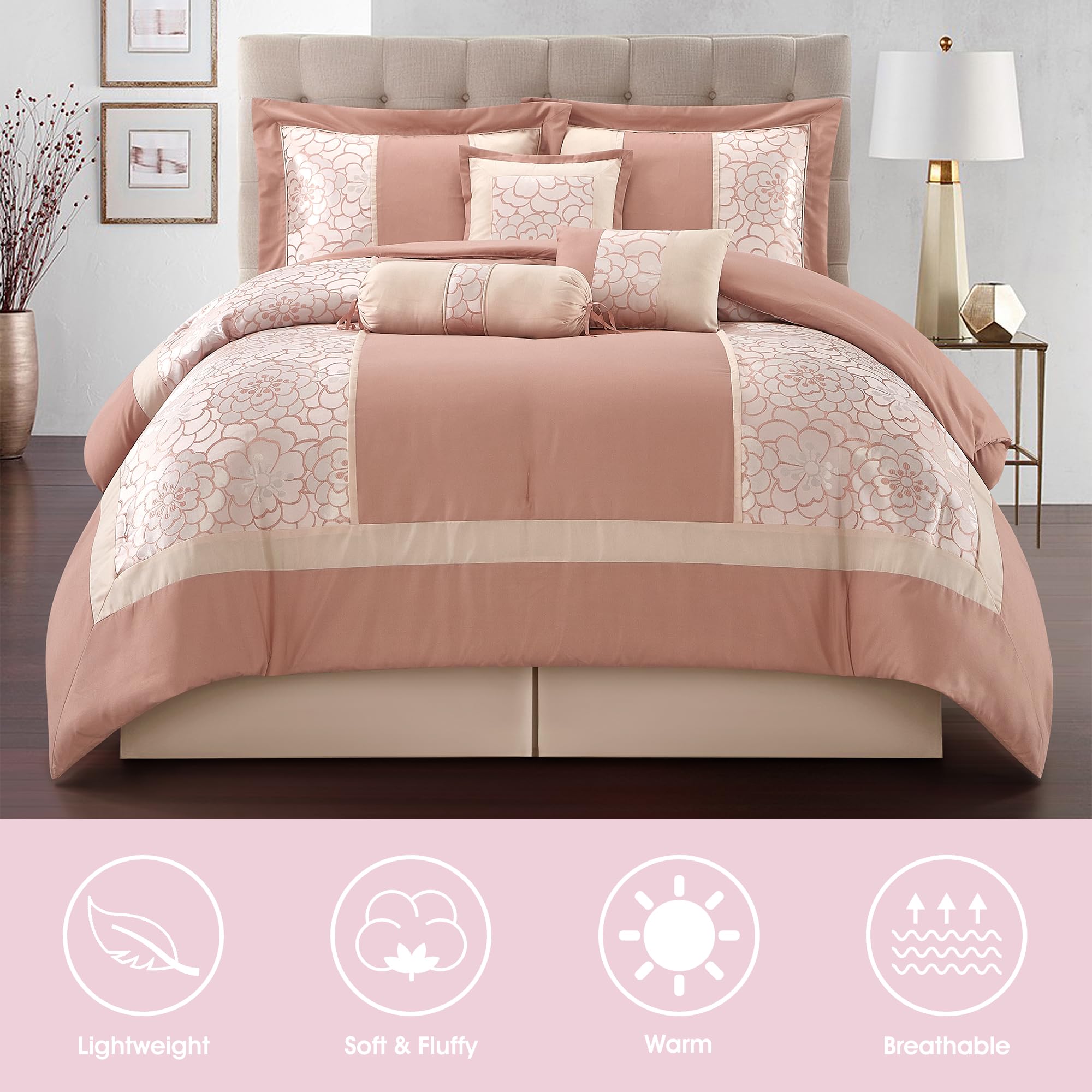 7-Piece King Comforter Set Blush Floral Jacquard Bedding