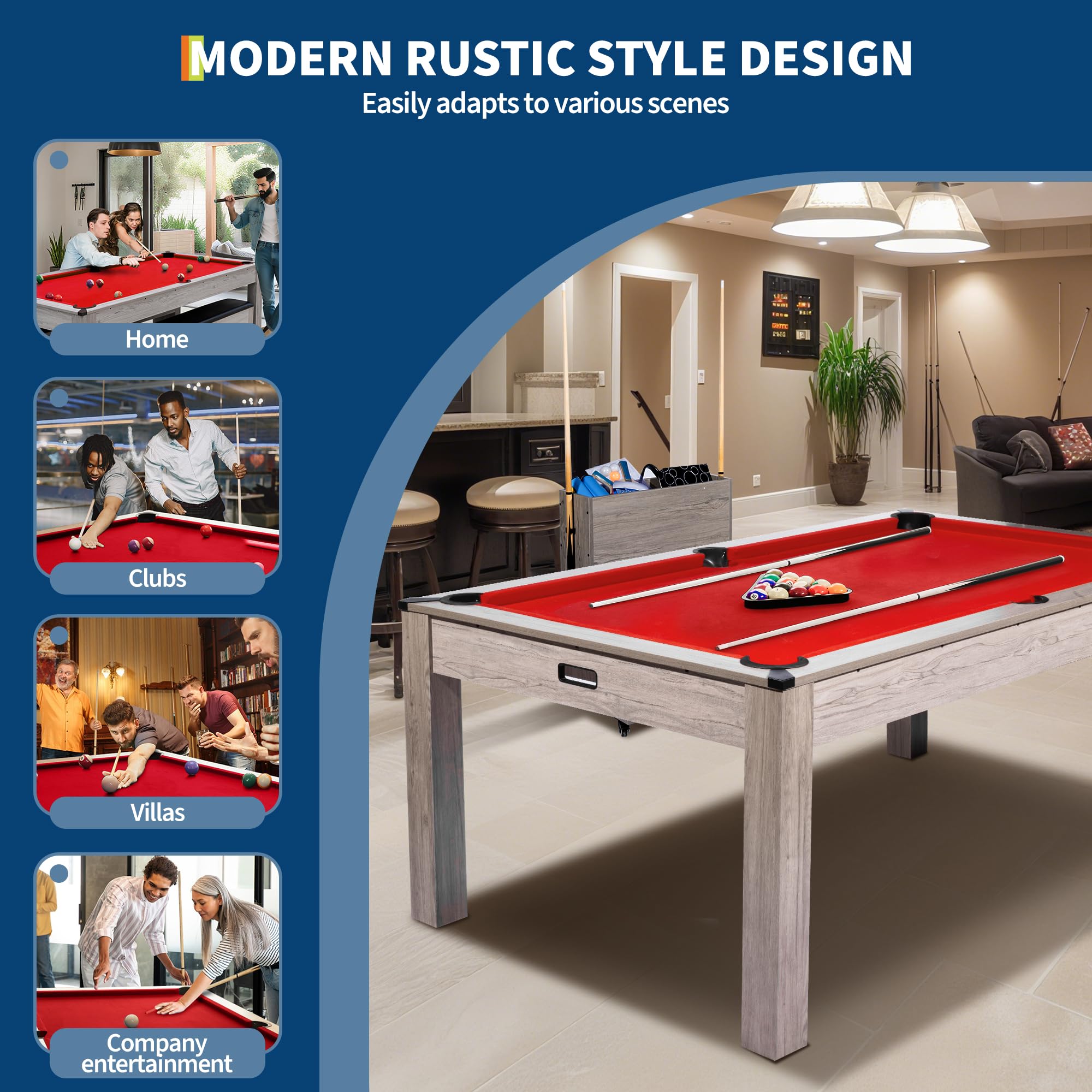 7FT 3-in-1 Pool Table with Dining Top & Table Tennis
