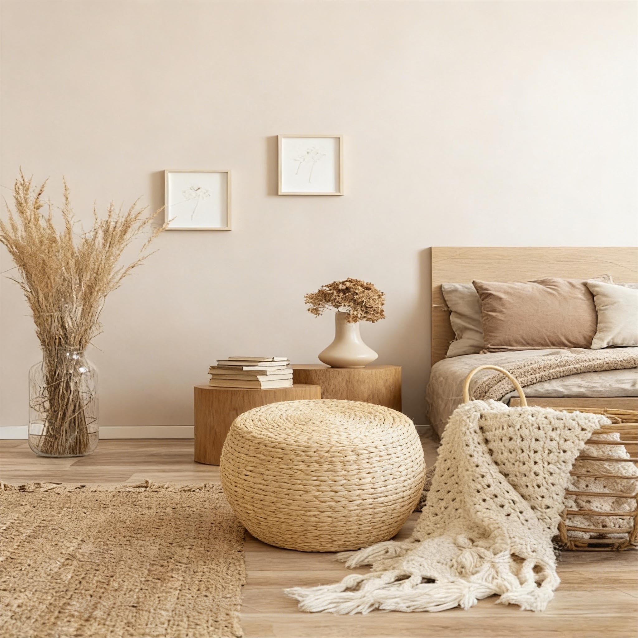 Handwoven Straw Round Pouf Ottoman