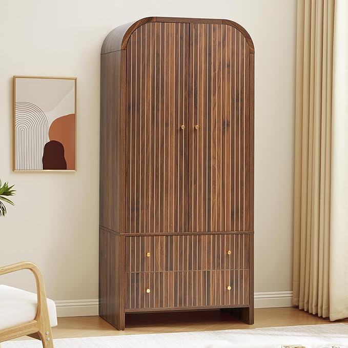 Arched Armoire Wardrobe Closet with Hanging Rod and 2 Drawers