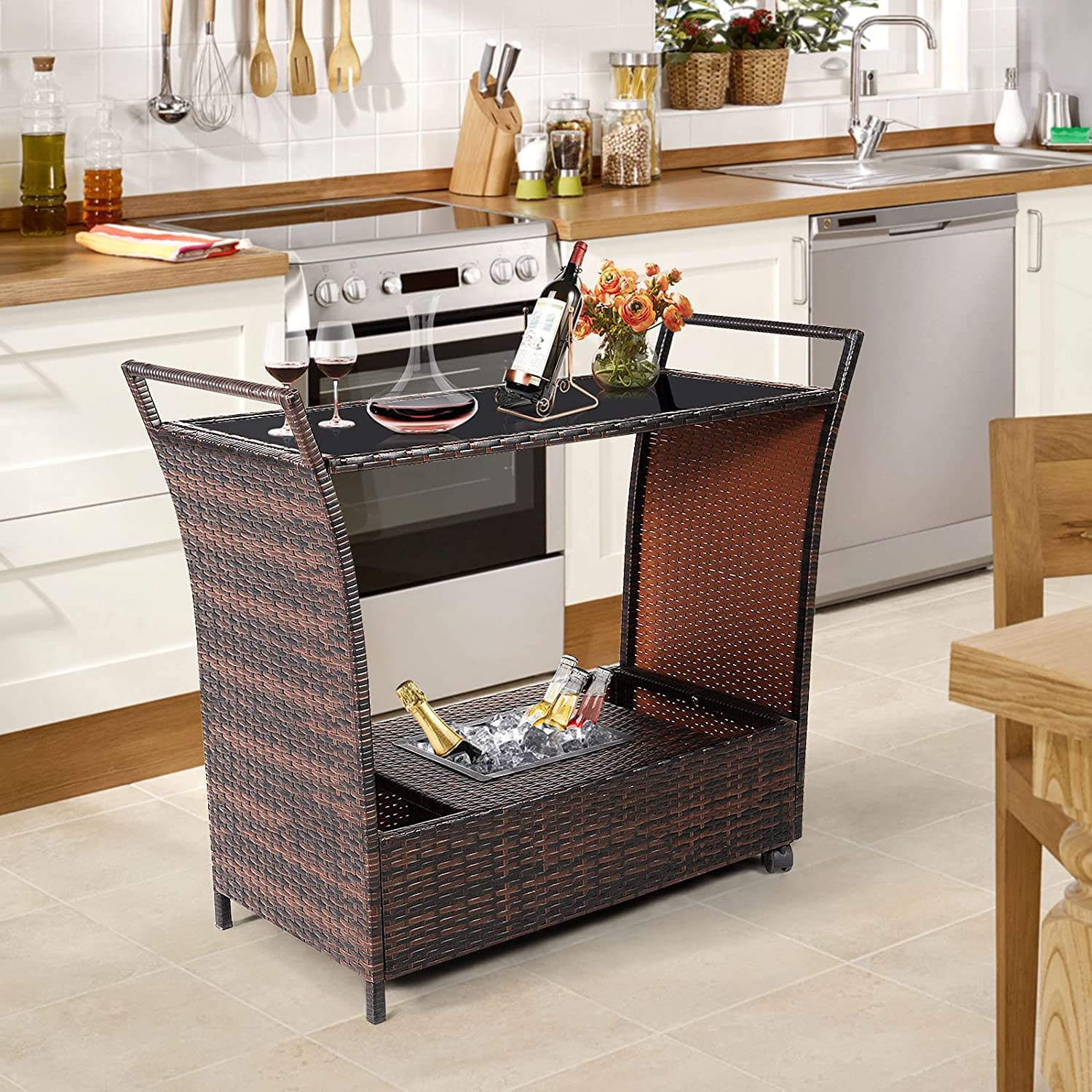 Outdoor Wicker Bar Cart with Ice Bucket