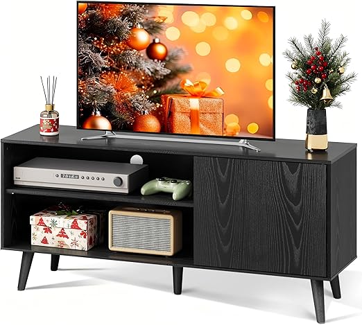 Mid-Century TV Stand with Storage Cabinet White 47 Inch