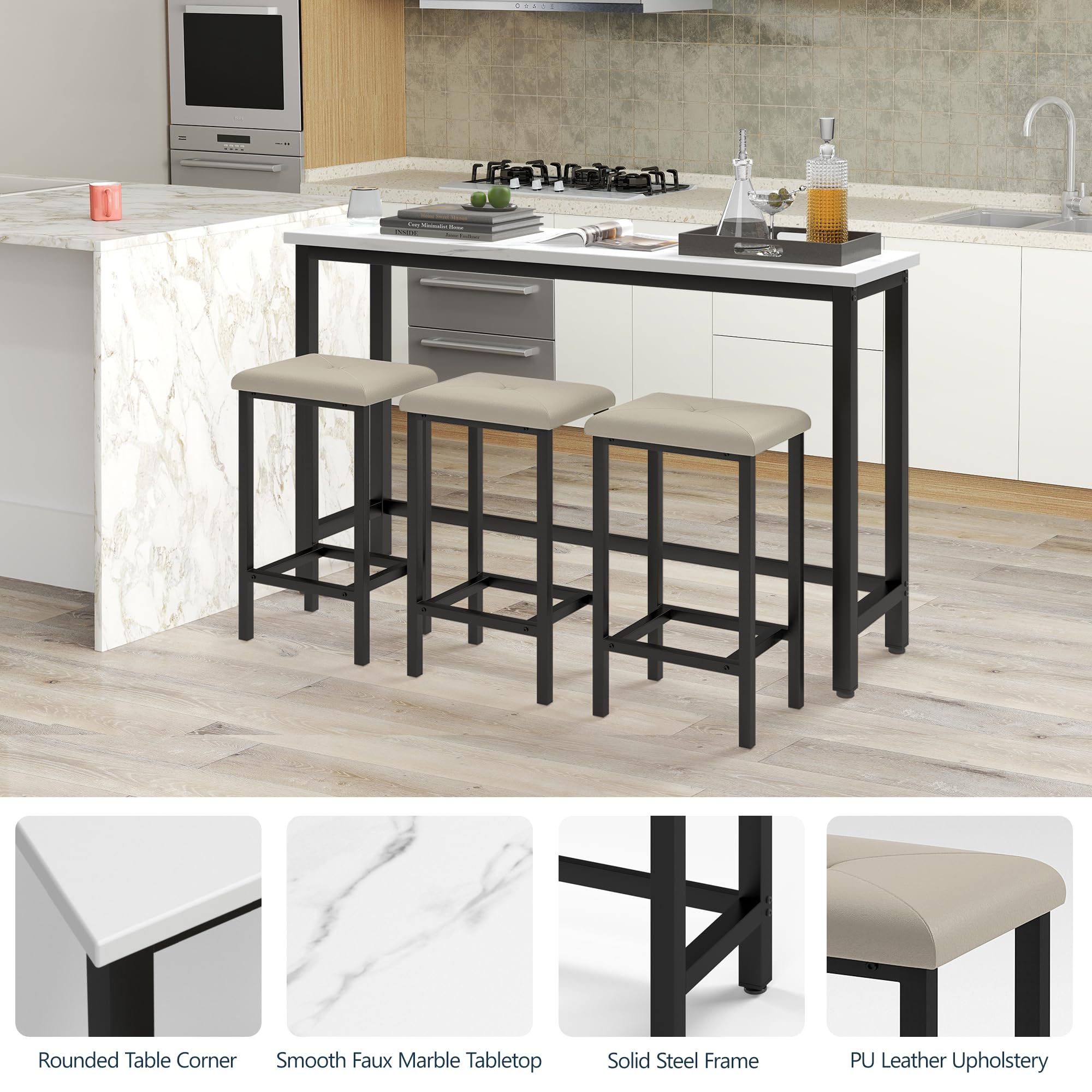 Bar Table and Chairs Set with 3 Upholstered Stools