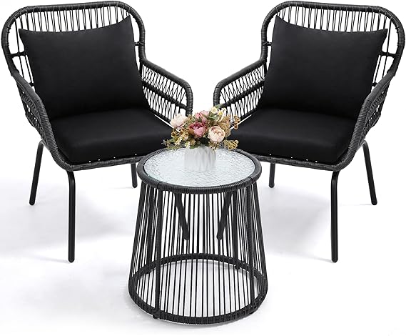 3 Pieces Bistro Set with Woven Rope Chairs and Cushions