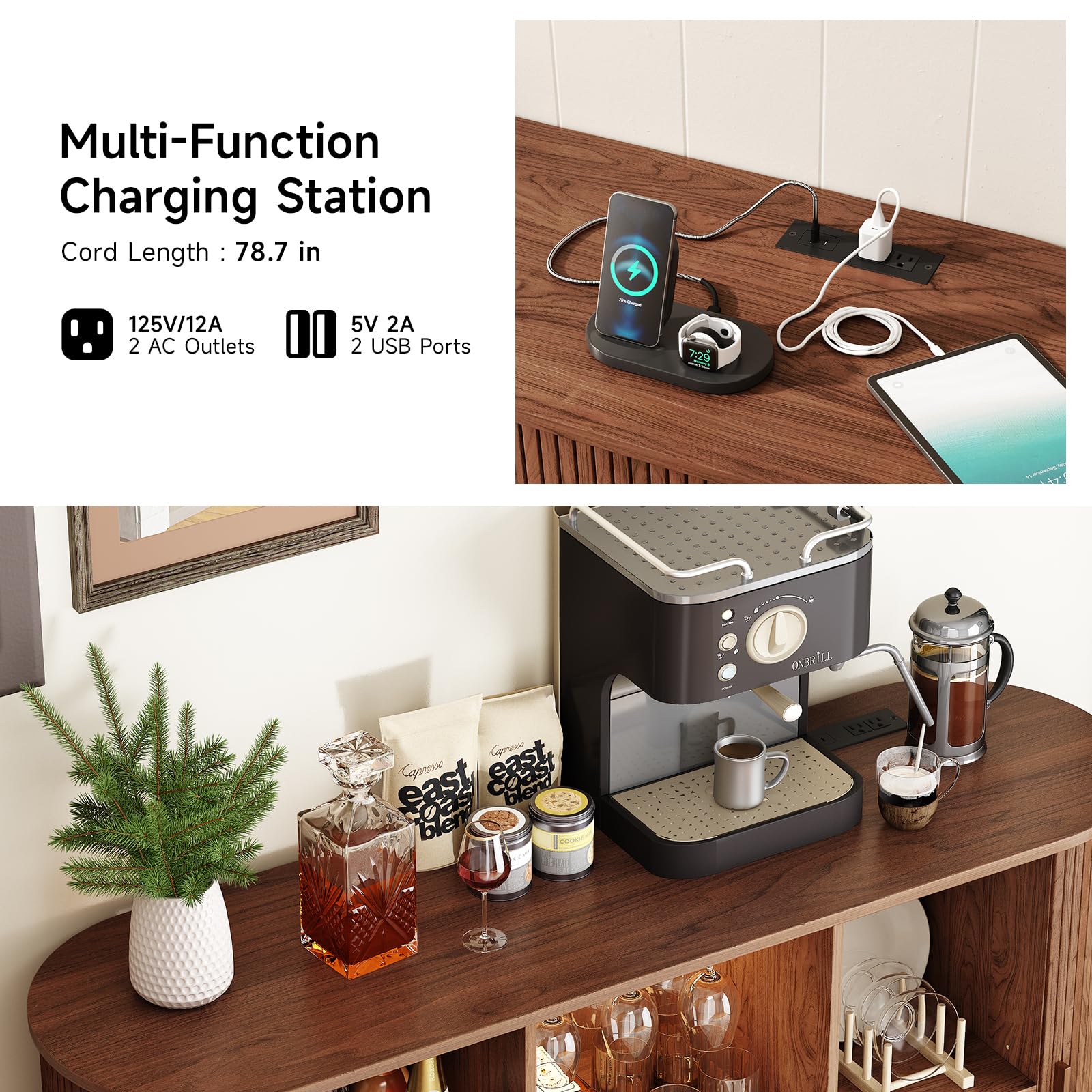 Wine Bar Cabinet with LED Light and Storage