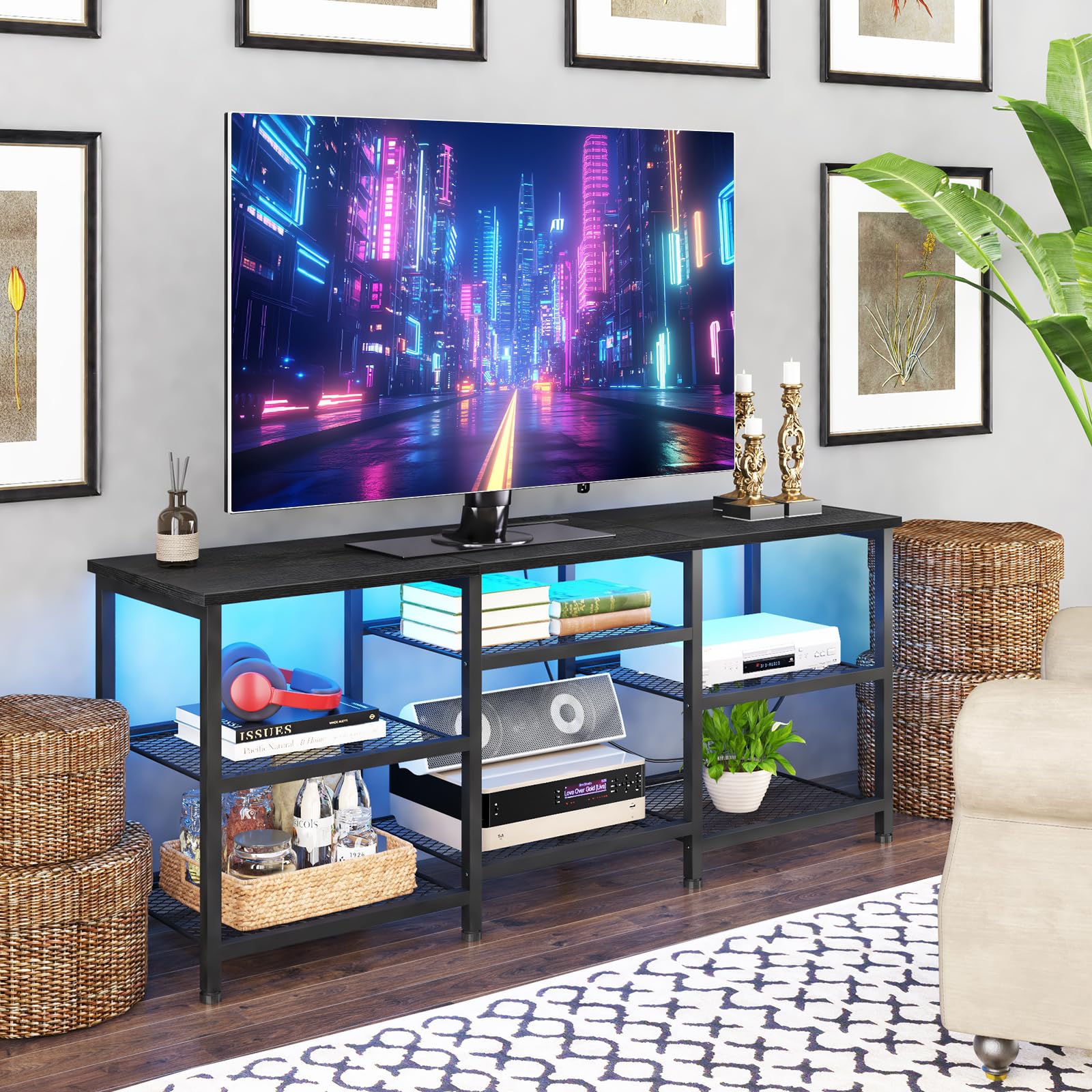 TV Stand with Charging Station and LED Lights