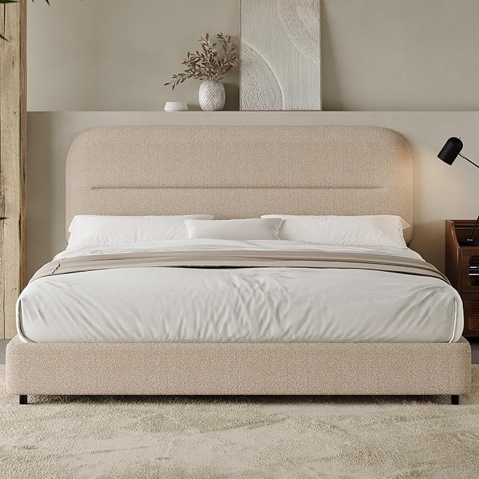 Twin Size Boucle Upholstered Bed Frame with Adjustable Headboard