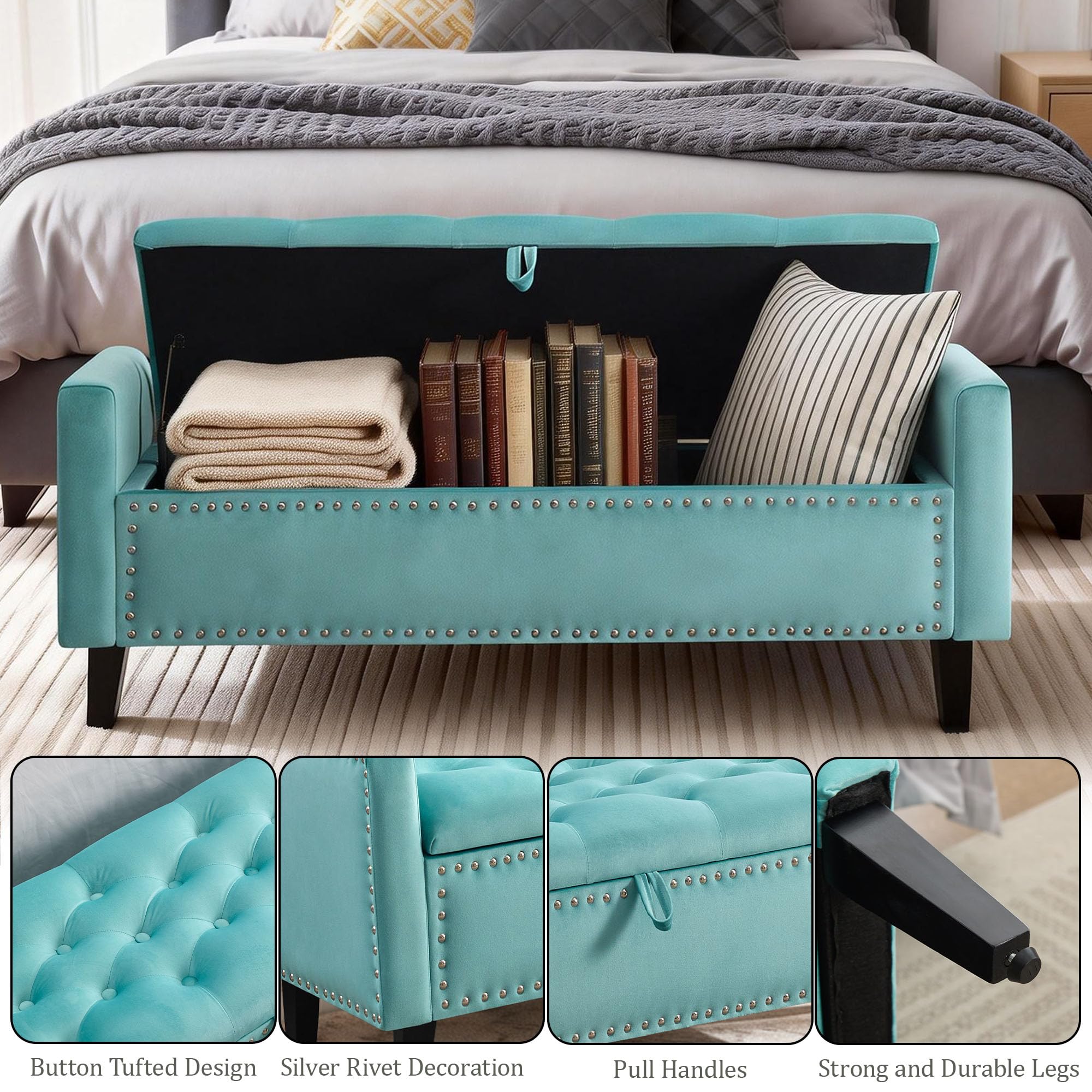 Velvet Storage Ottoman Bench with Arms