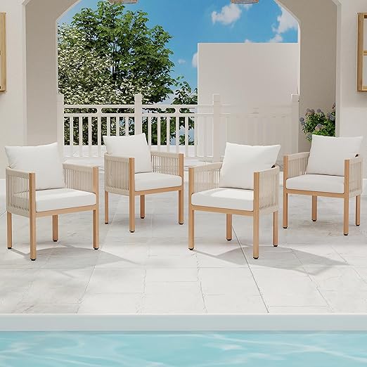 DAYARUS Patio Dining Chairs Set of 6, Rope Rattan Patio Furniture Set, All Weather Outdoor Dining Chairs with Cushions, Metal Barrel Dining Room Chair, Modern Kitchen Chair for Balcony/Porch, Beige