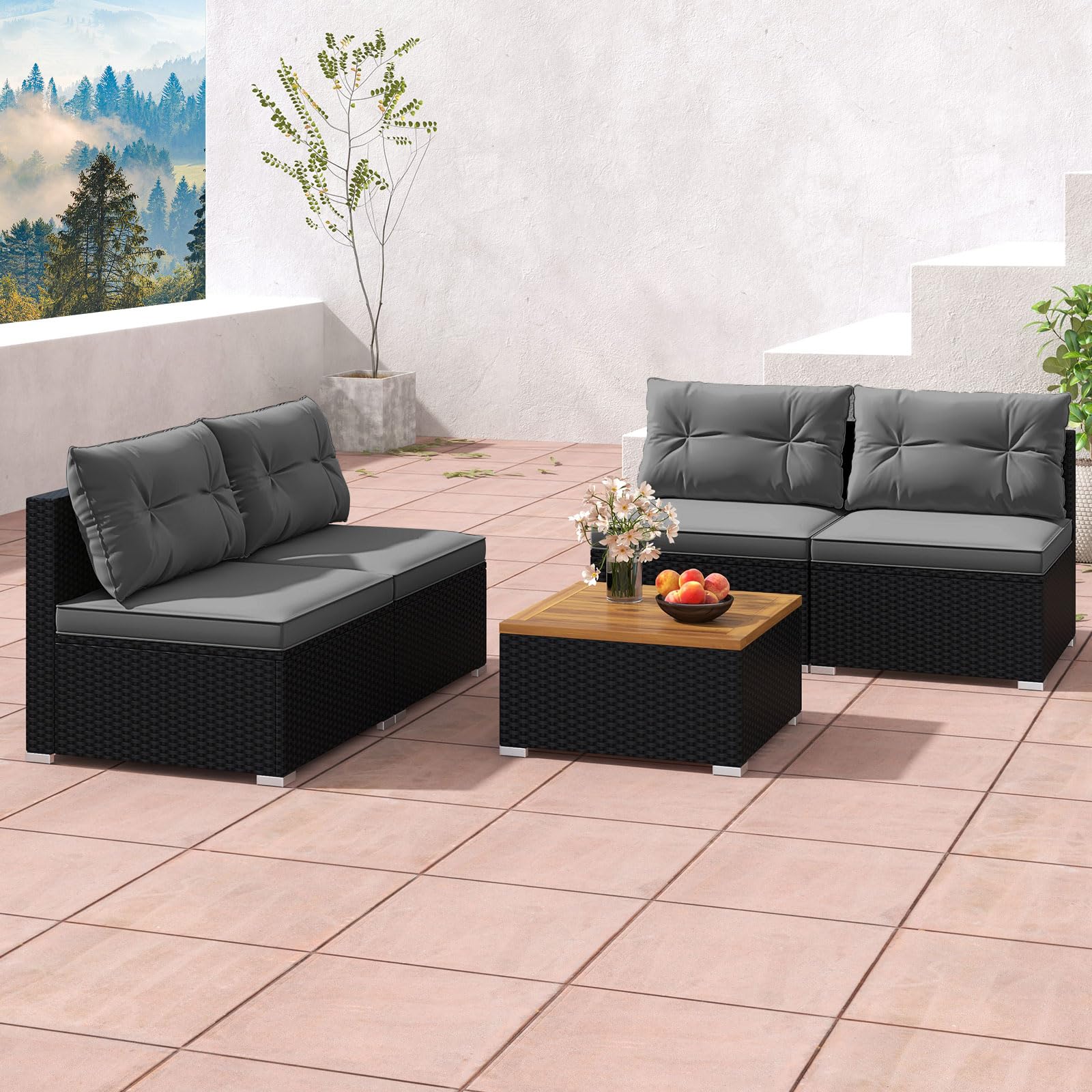 5-Piece PE Rattan Outdoor Sectional Set with Acacia Wood Coffee Table