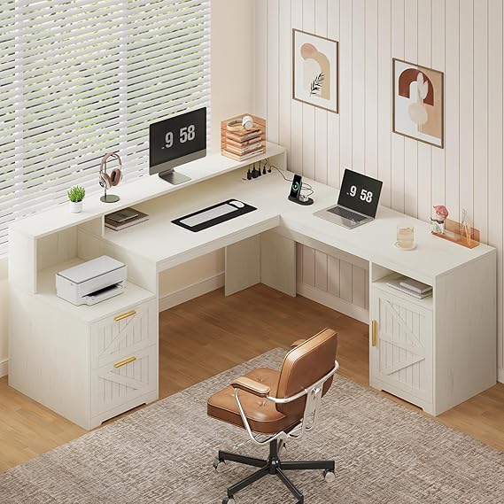 63" L-Shaped Executive Desk with Drawers and Storage Shelf