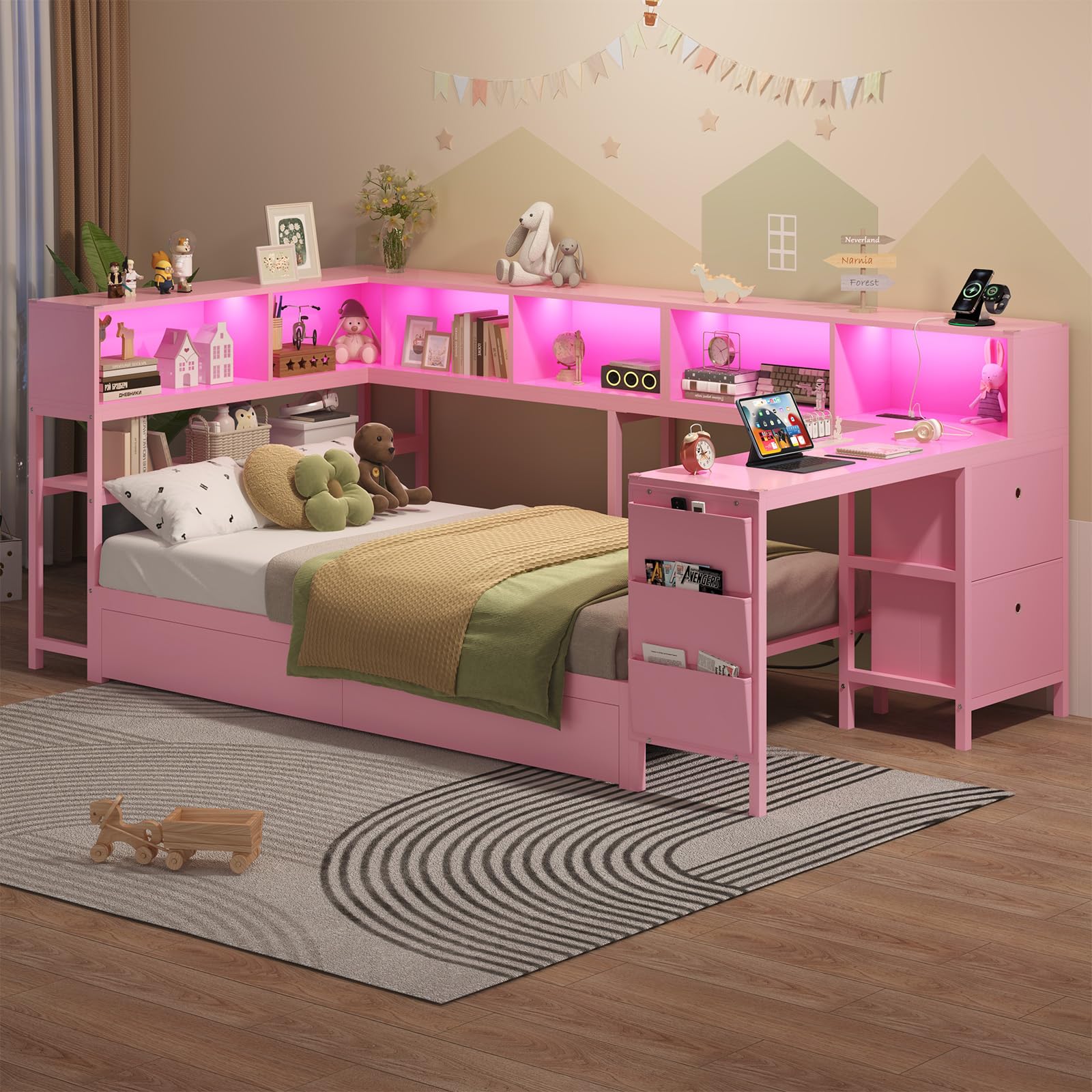 Twin Corner Bed with Desk and Storage Bookcase