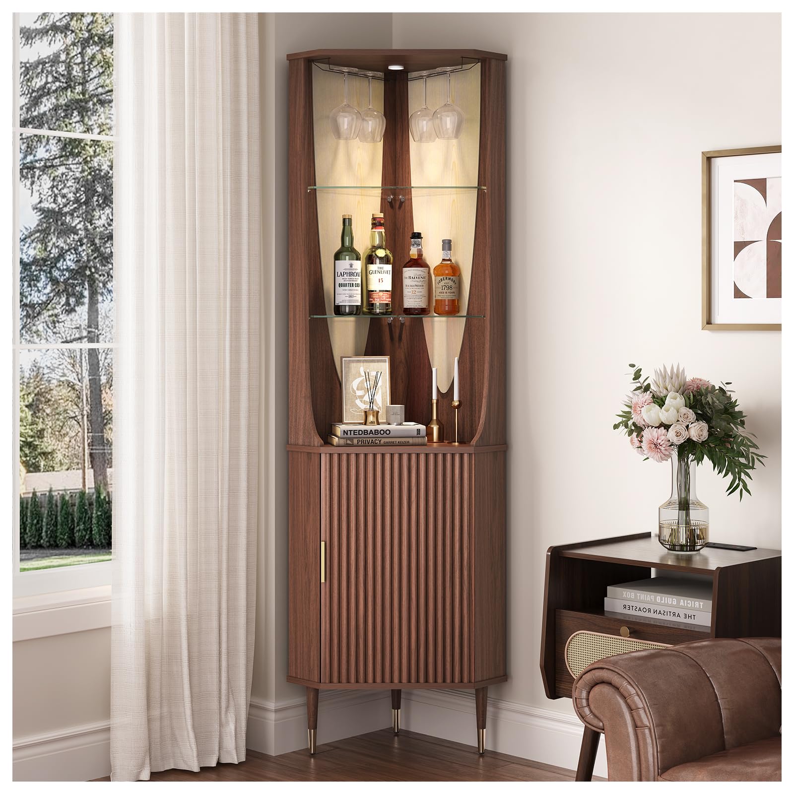 70" Tall Corner Bar Cabinet with Lighting