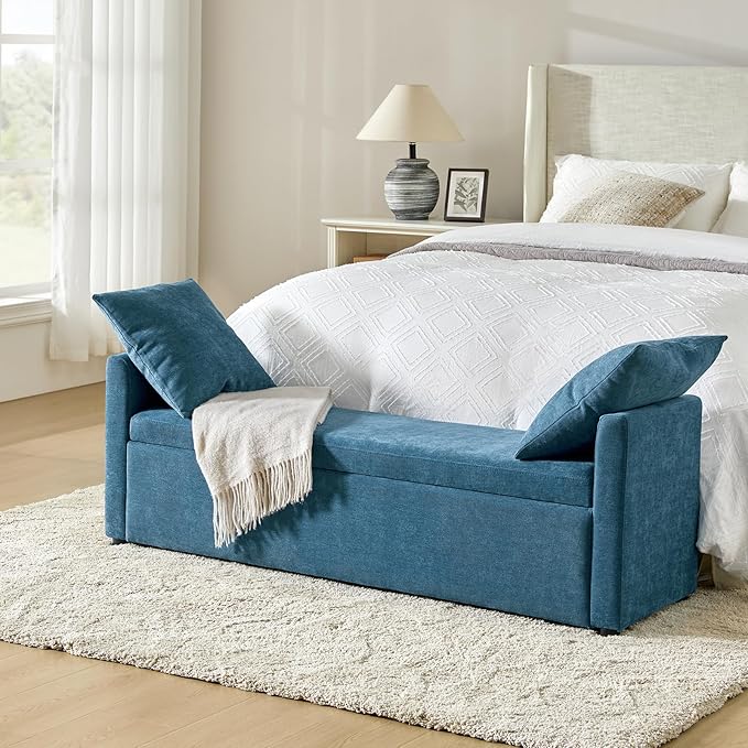 59.4" Modern Storage Bench with Throw Pillows - Beige Upholstered Ottoman