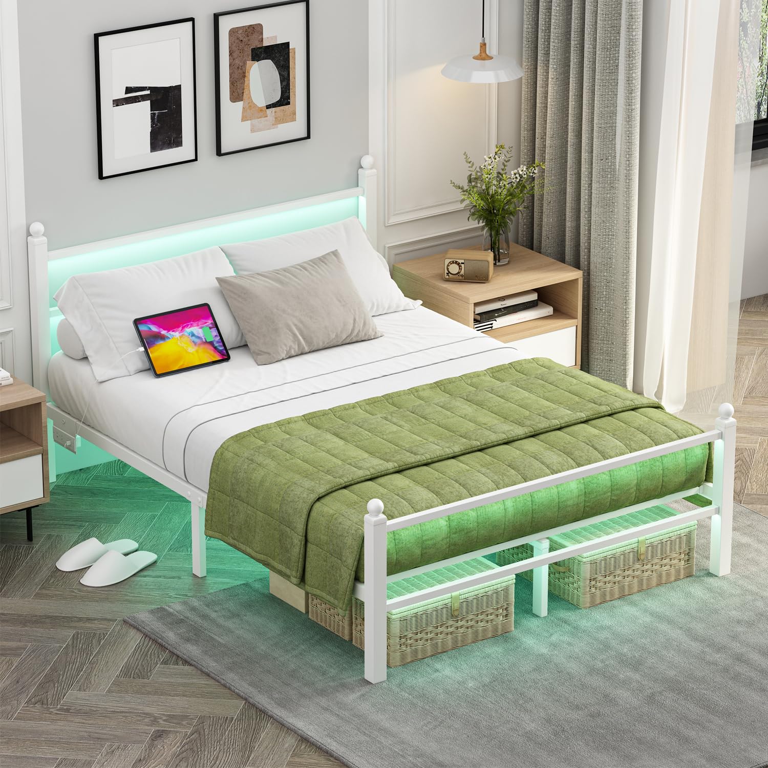 Full Size Metal Bed Frame with Charging Station & LED Lights
