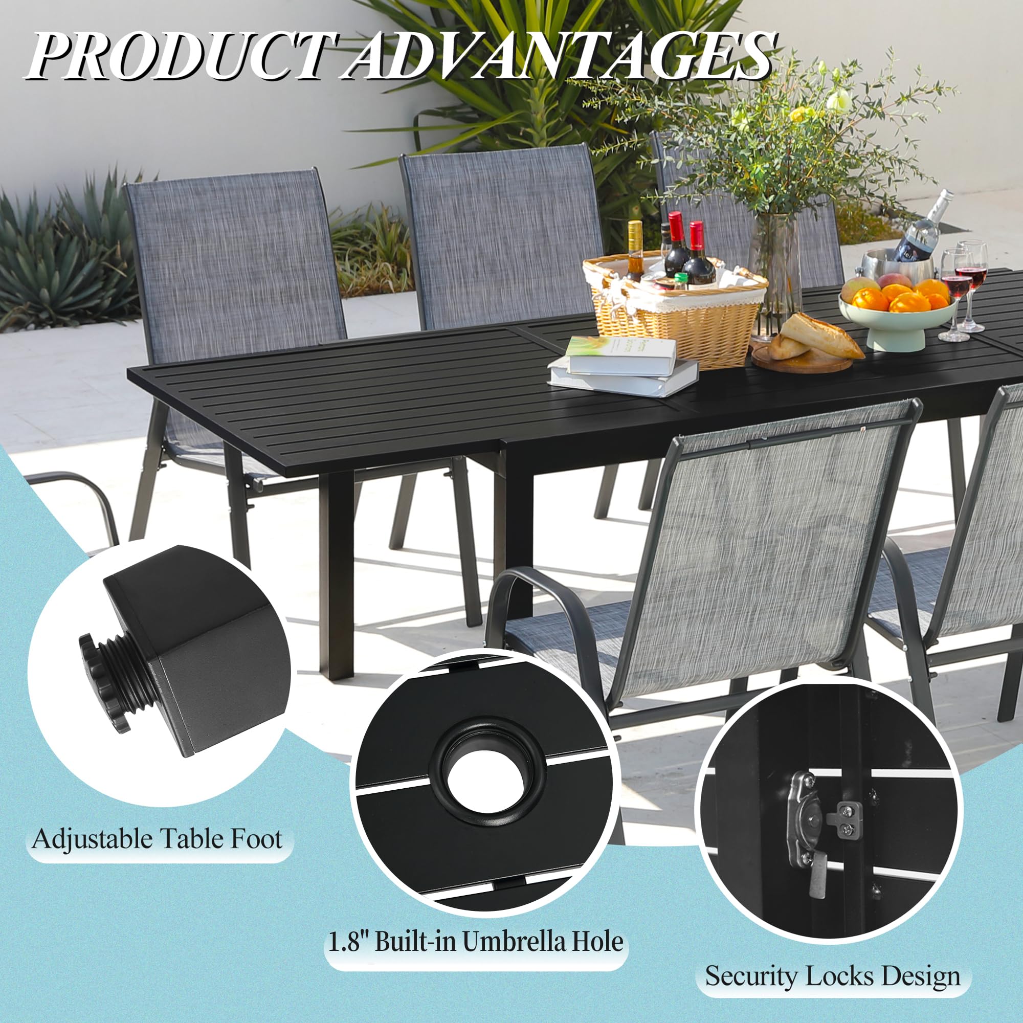 Expandable Aluminum Outdoor Dining Table with Umbrella Hole