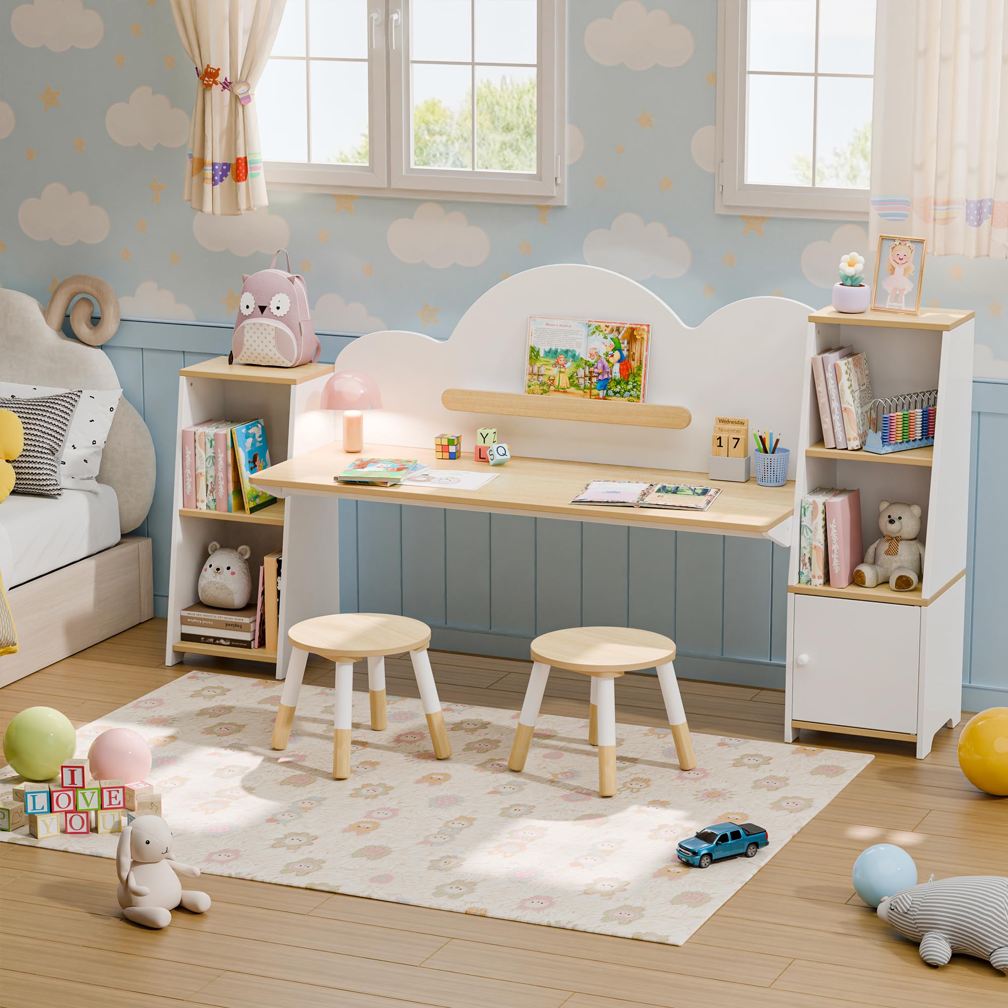 Kids Study Desk with Bookshelves and 2 Stools