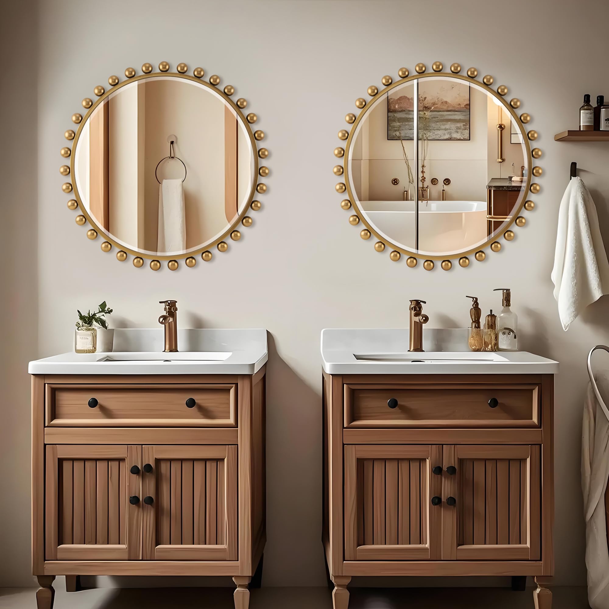 30 Inch Round Wall Mirror with Antique Gold Ball Frame