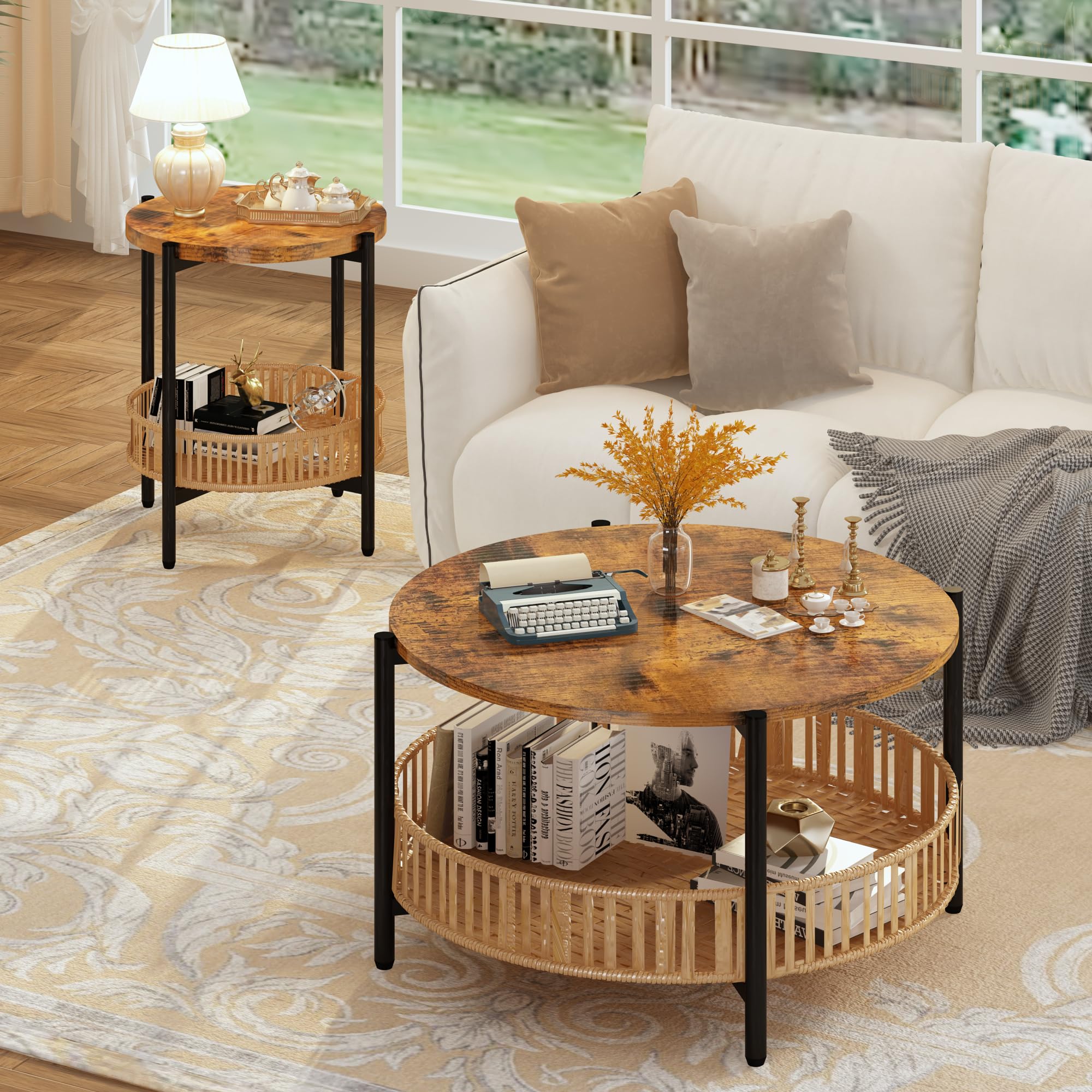 3-Piece Coffee Table Set with Rattan Storage Shelf