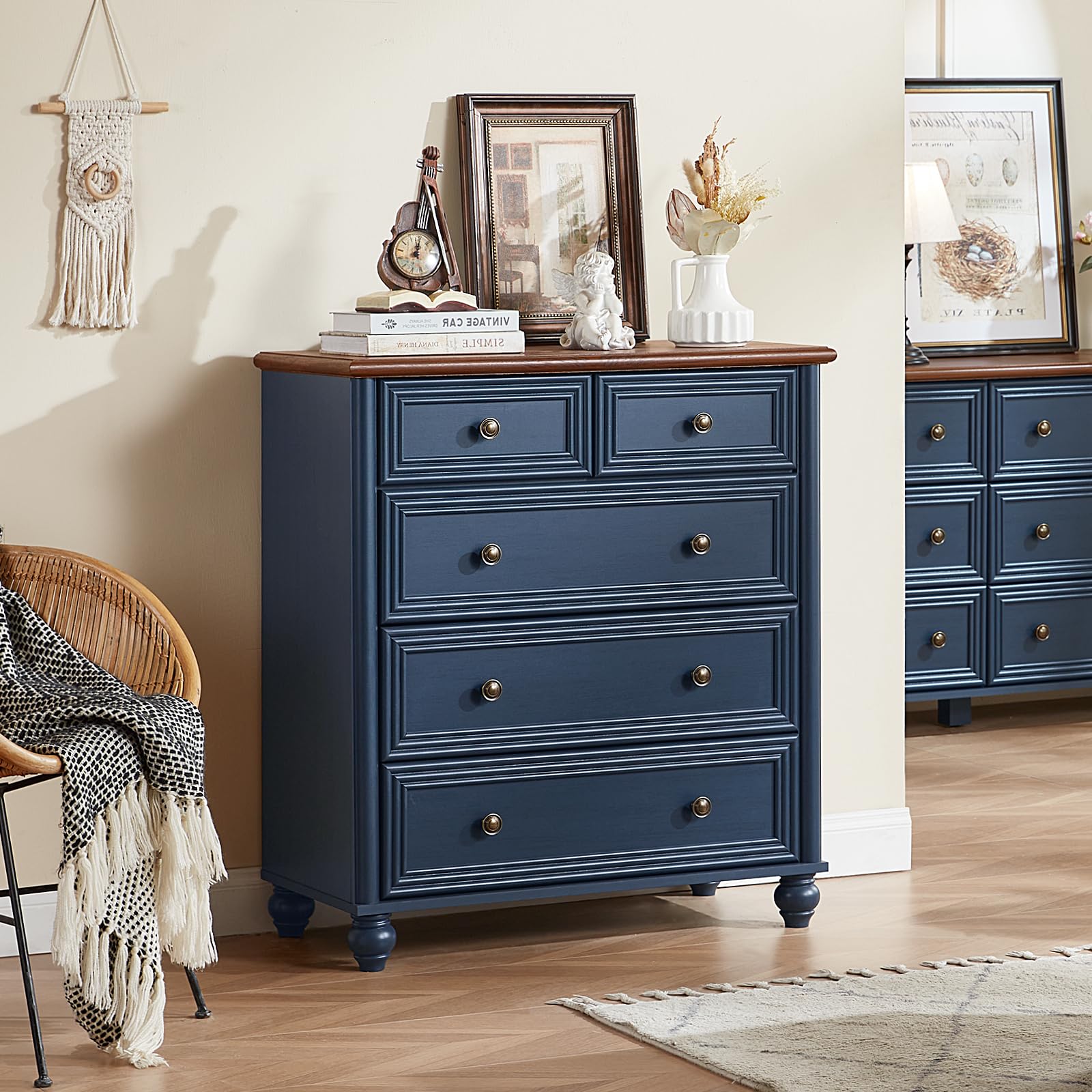 5 Drawer Dresser Navy Blue Farmhouse Style