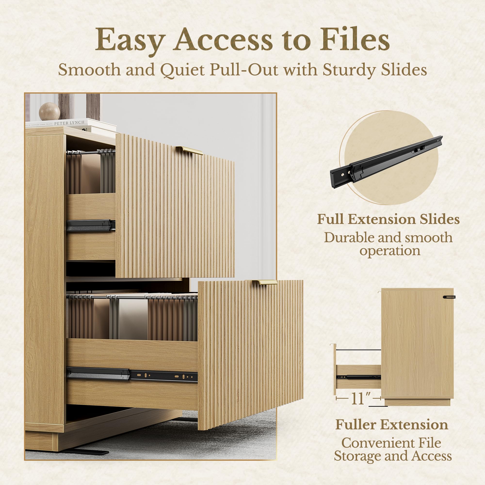 Perledesign 2 Drawer Fluted File Cabinet, 32'' Lateral File Cabinet for Legal/Letter/A4/F4 Size Hanging Files, Wood File Storage for Home Office, Light Walnut