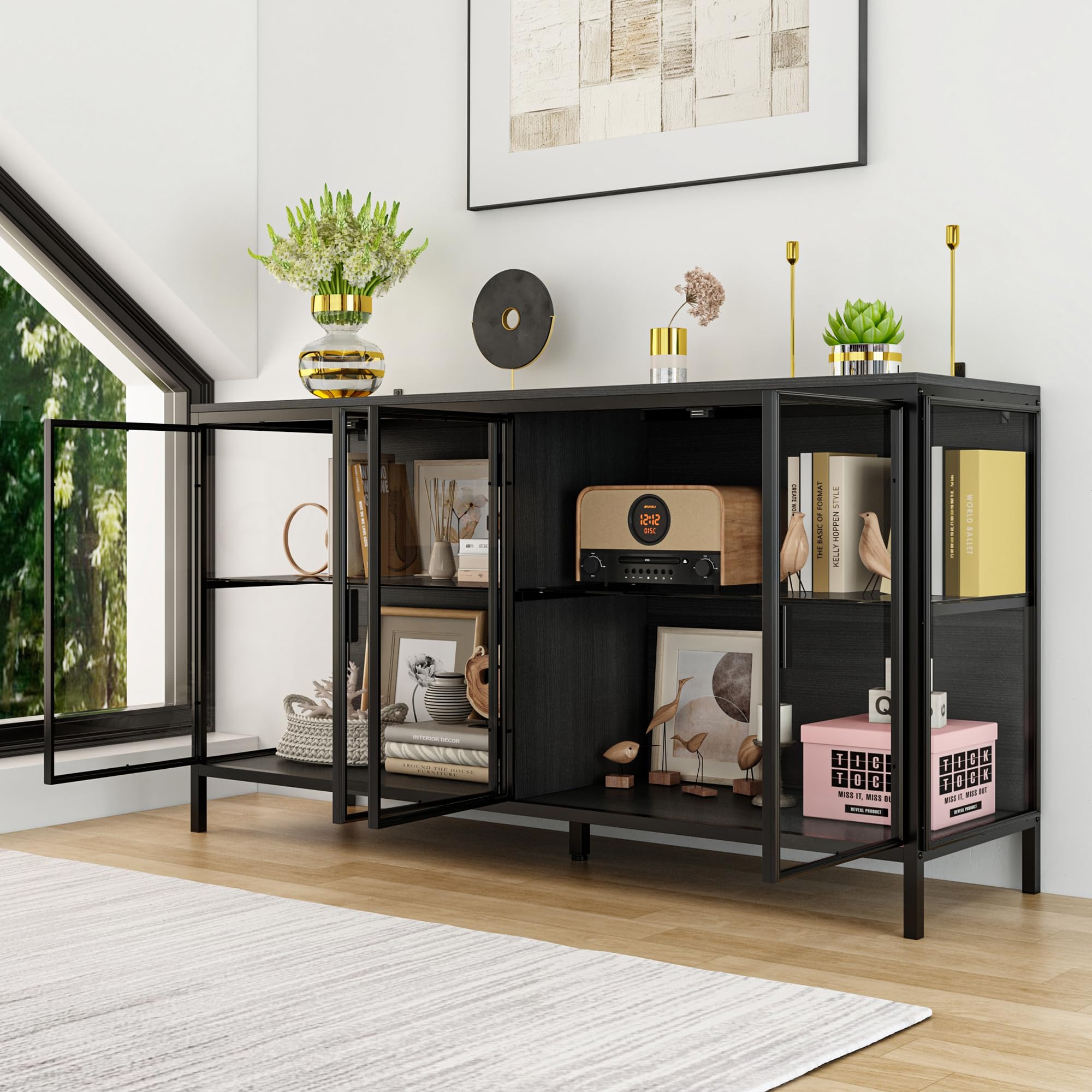 Storage Cabinet with LED Lights and Glass Doors