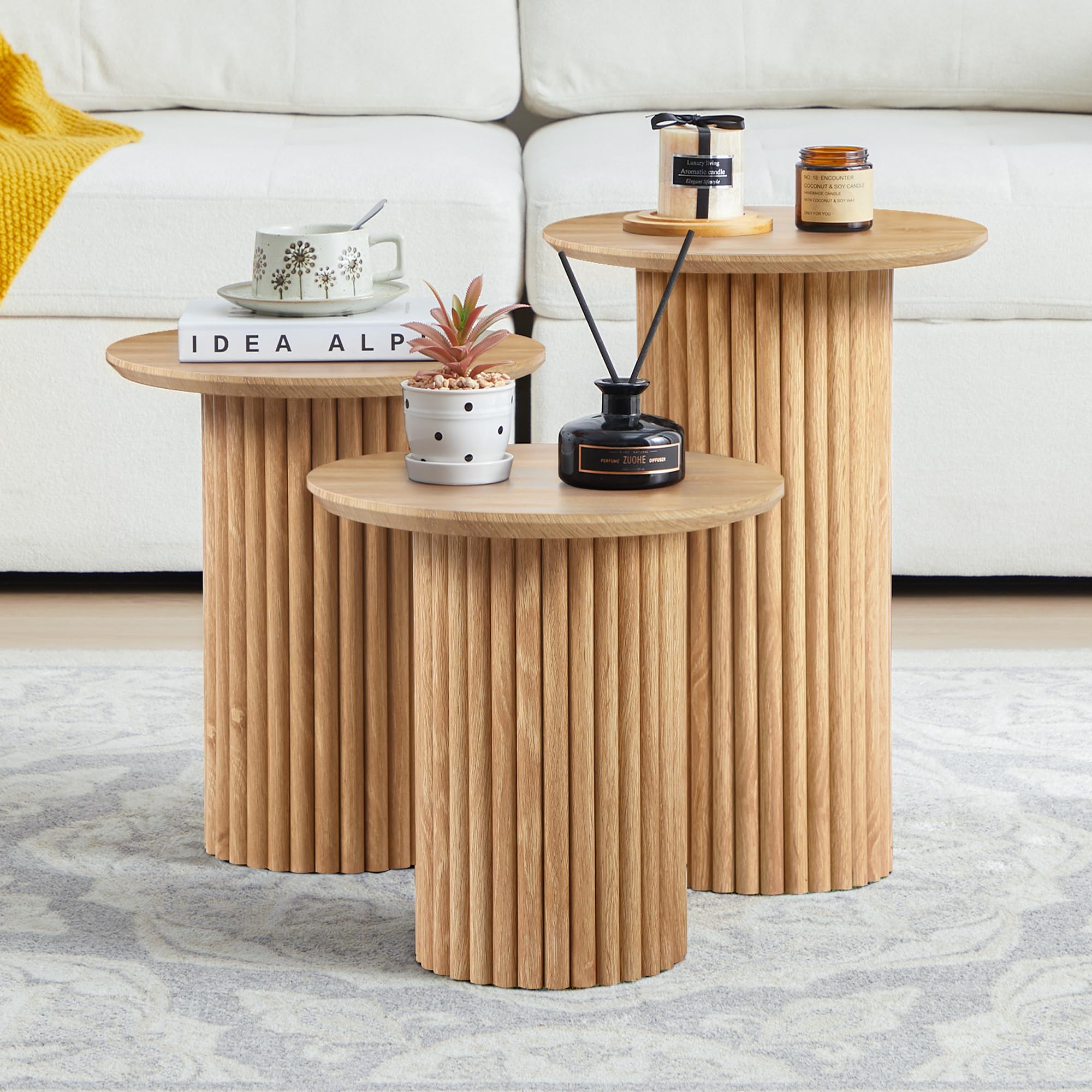 Round Nesting Coffee Table Set of 3 Mid Century Modern Fluted