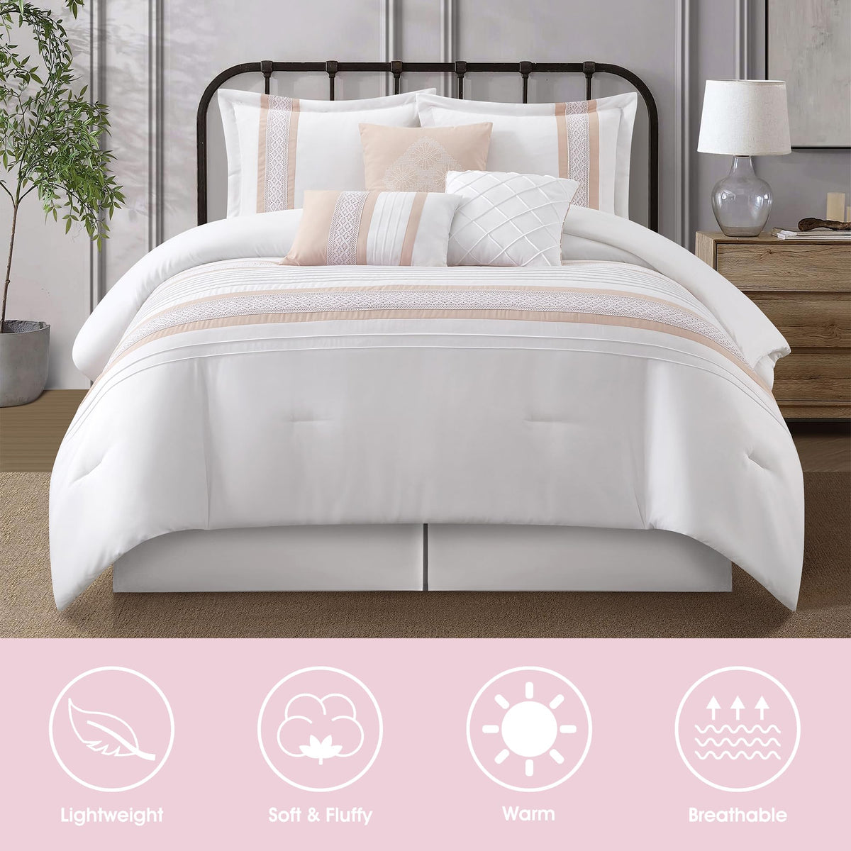 7 Piece Comforter Set - Pink White King Size Boho Geometric