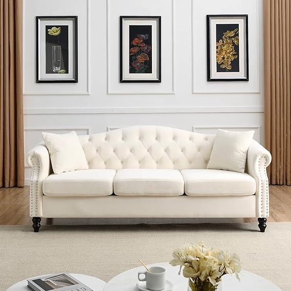 Velvet Chesterfield Sofa 3 Seater White