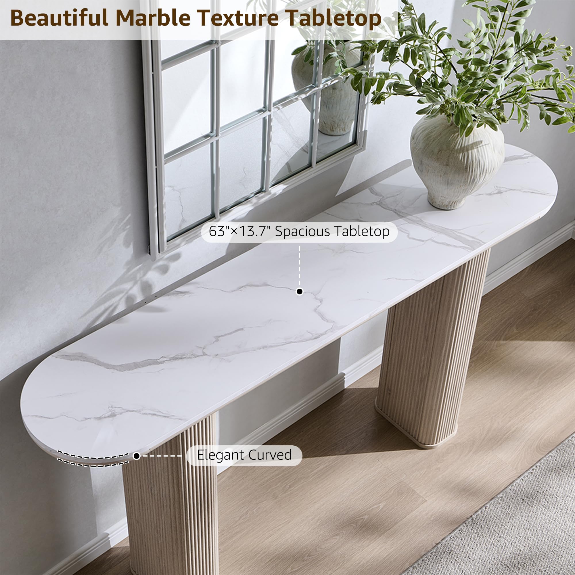 Modern Console Table with Arc Marble Texture Top and Fluted Wood Base