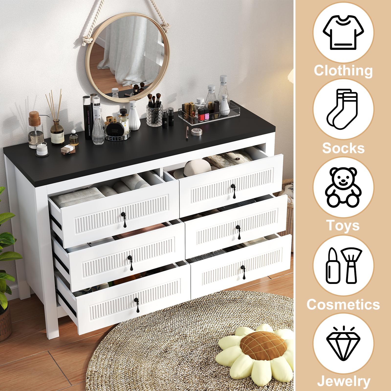 White Fluted 6-Drawer Dresser 47"
