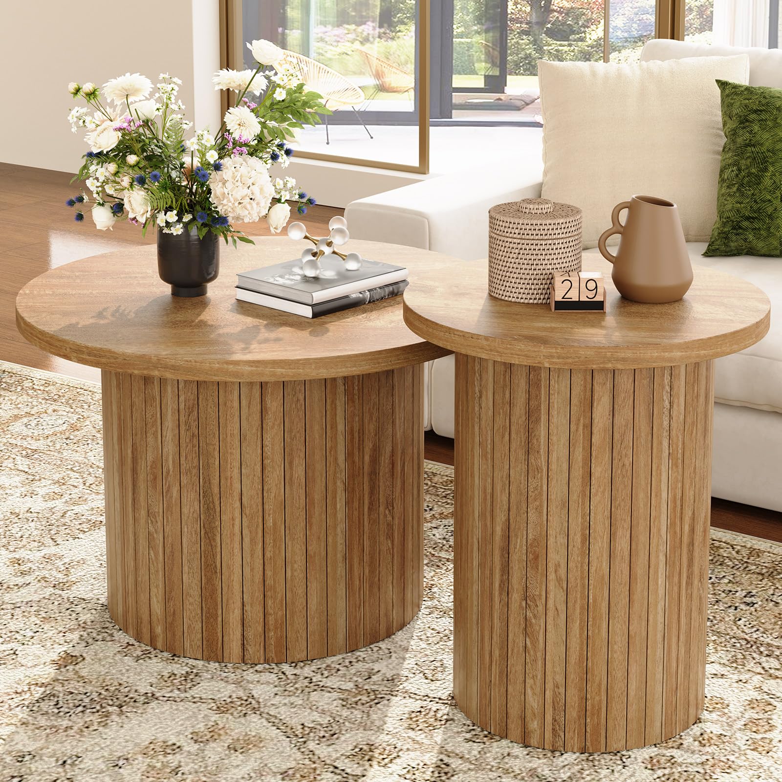 Nesting Coffee Table Set of 2 Mid Century Modern Round Wood Slat Side Tables