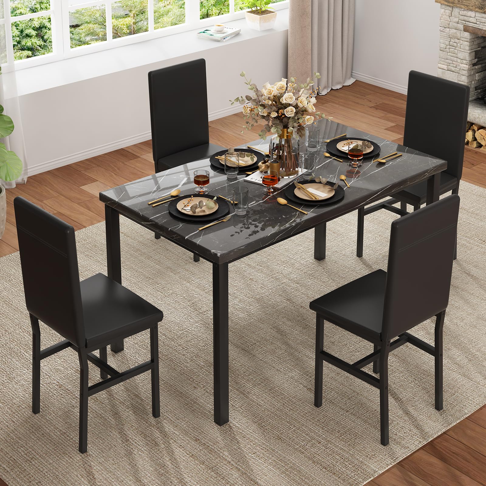 5-Piece Faux Marble Dining Table Set with 4 Chairs