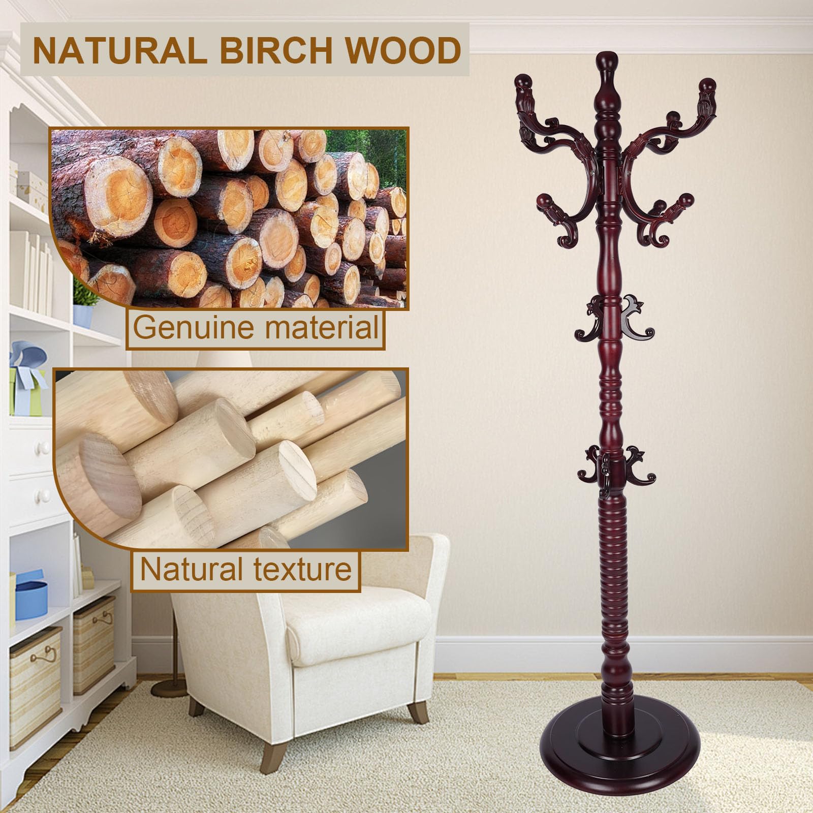 Freestanding Wooden Coat Rack with 18 Hooks