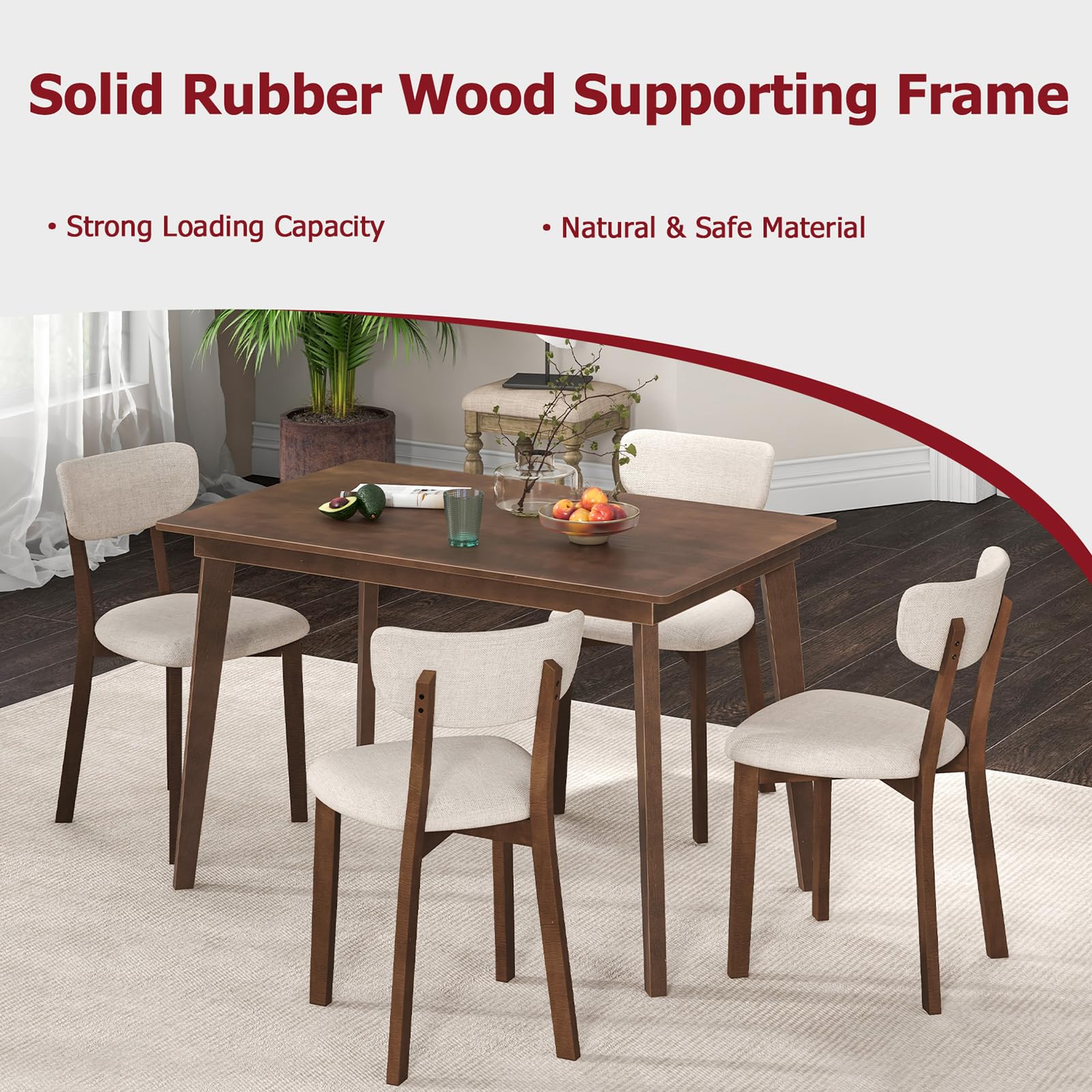 5-Piece Dining Table Set for 4 with Padded Chairs