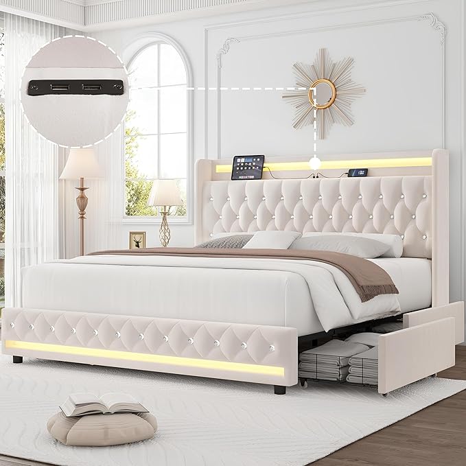 Twin LED Bed Frame with Charging Station & Storage Drawers