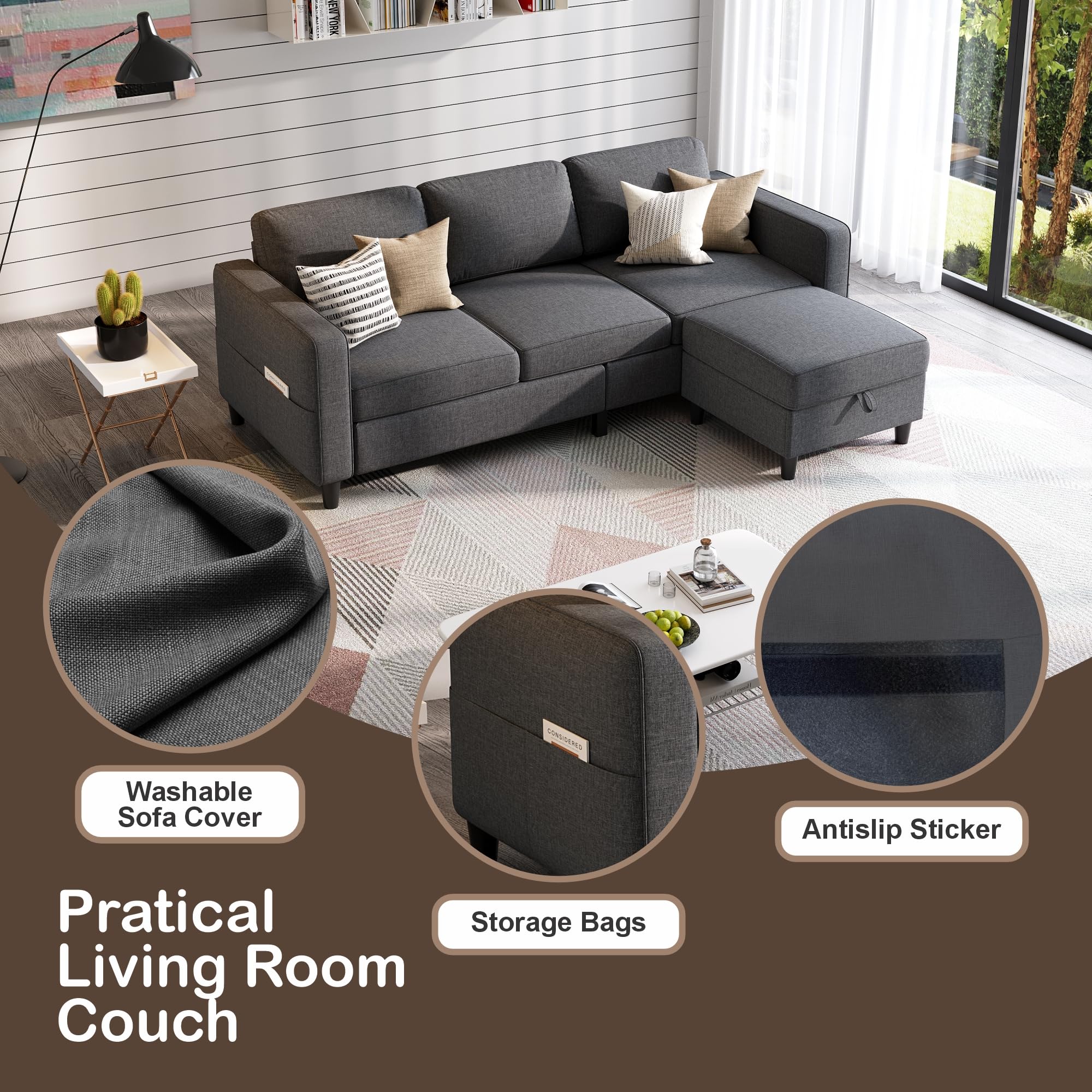 78" L-Shaped Sectional Sofa with Storage Ottoman